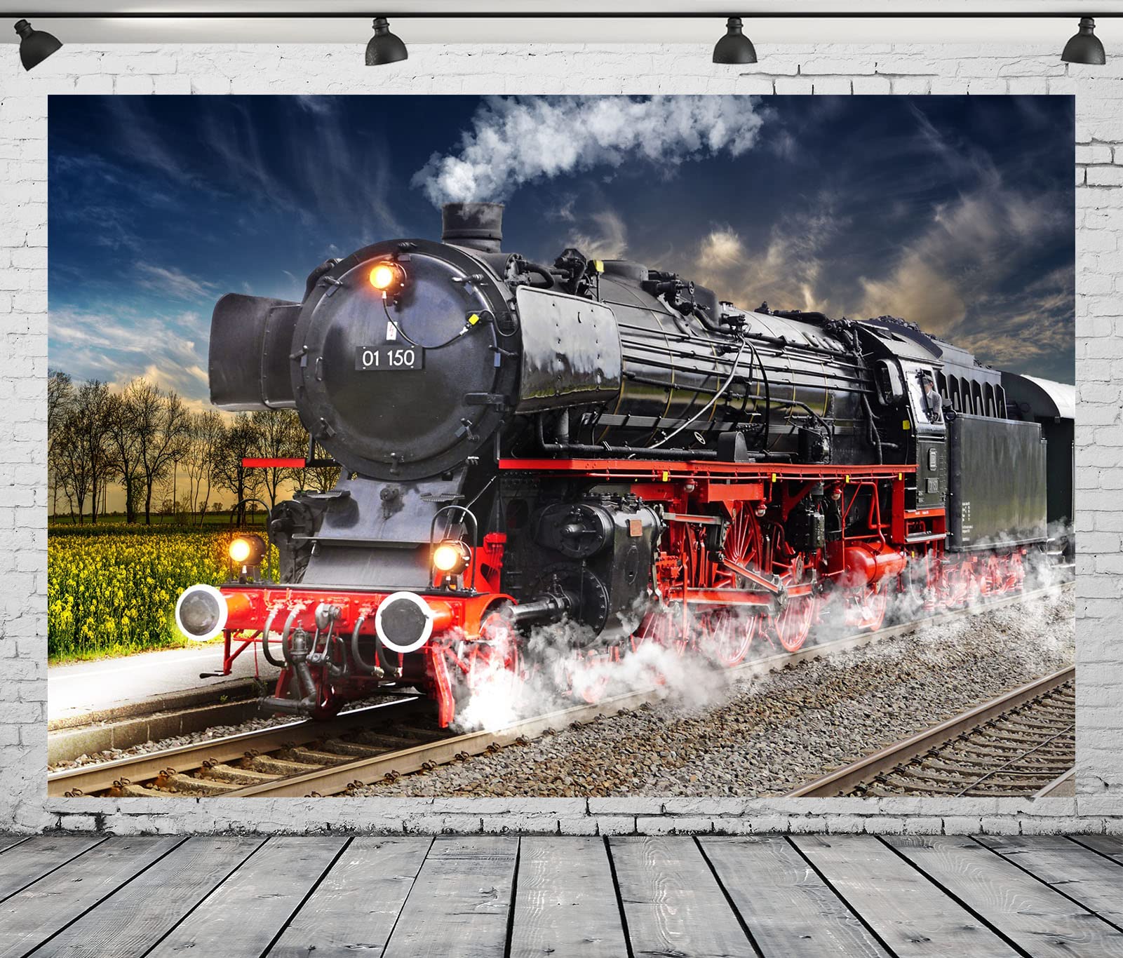 BELECO 15x10ft Fabric Vintage Steam Locomotive Train Photography Backdrop Old Steam Train Railroad Track Spring Natural Scenery Background for Train
