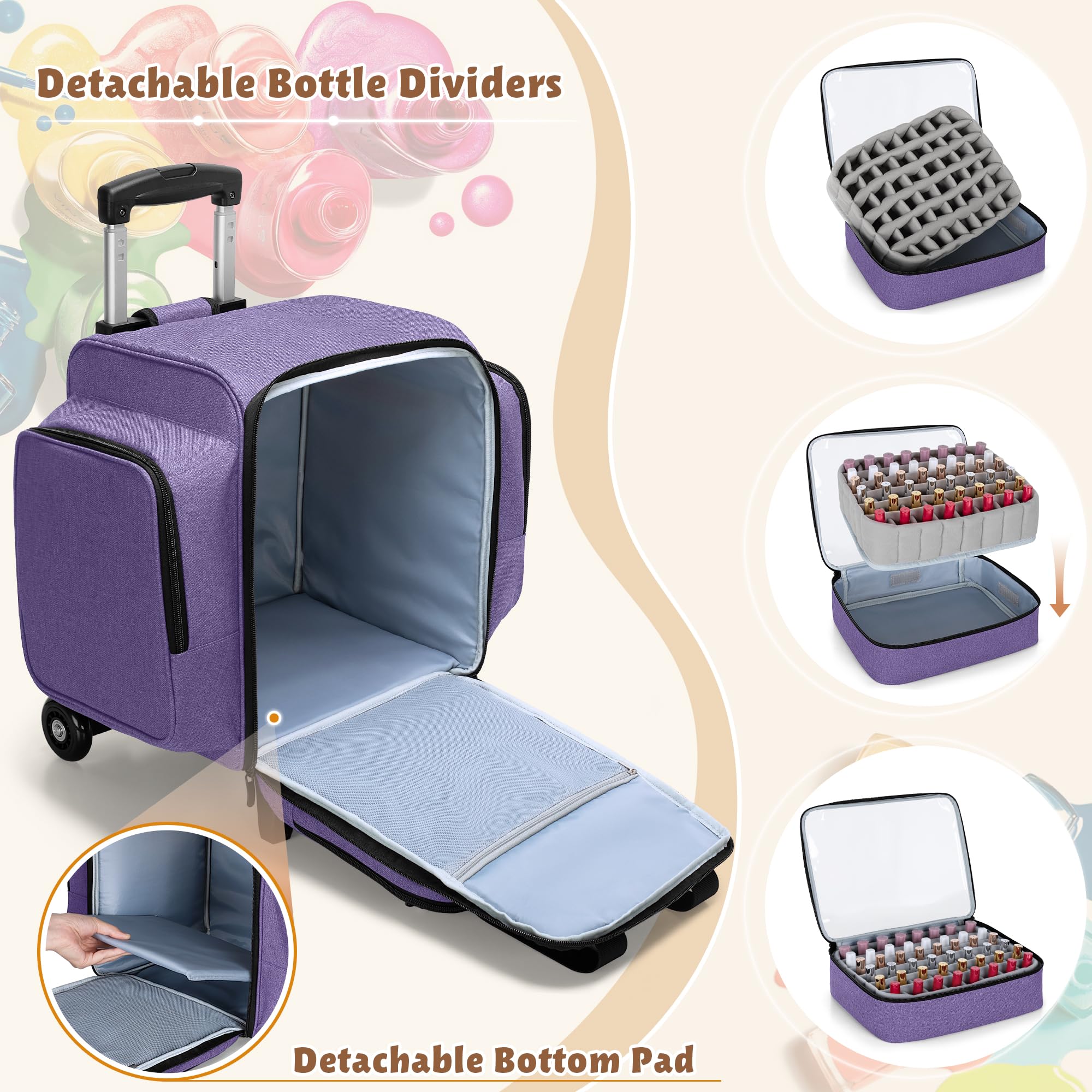 BAFASO Organizador Esmaltes de Uñas para 144 Botellas con 3 Bolsas, Morado | Bolsa para Esmalte de Uñas con Trolley Desmontable, Solo Bolsa (Pendiente de Patente)