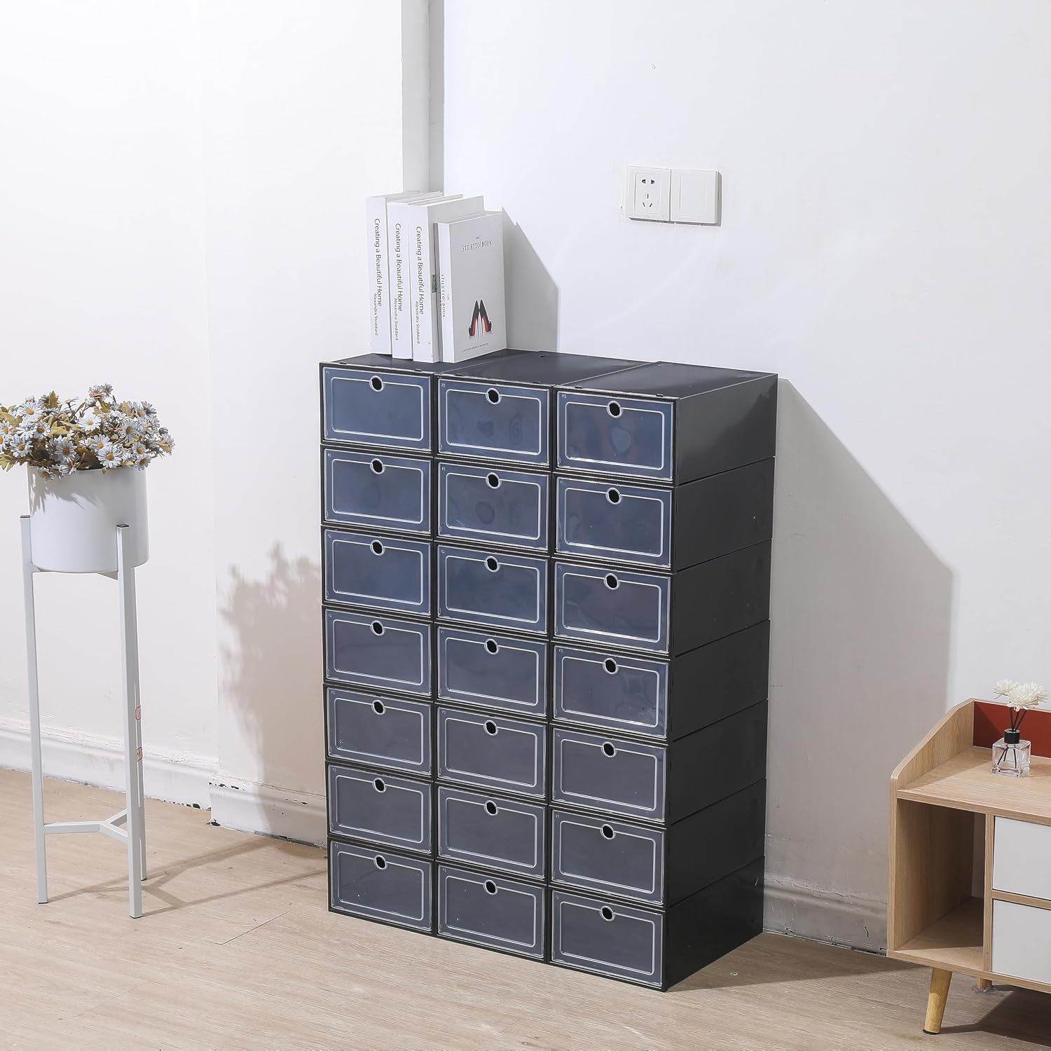Shoe Storage Box, 24 Pack Stackable Shoe Organizer, Space Saving Foldable Shoe Rack with Clear Lids, Multipurpose Sneaker Container Bin Holder for Home, Cloakroom, Shoe Store (Black)