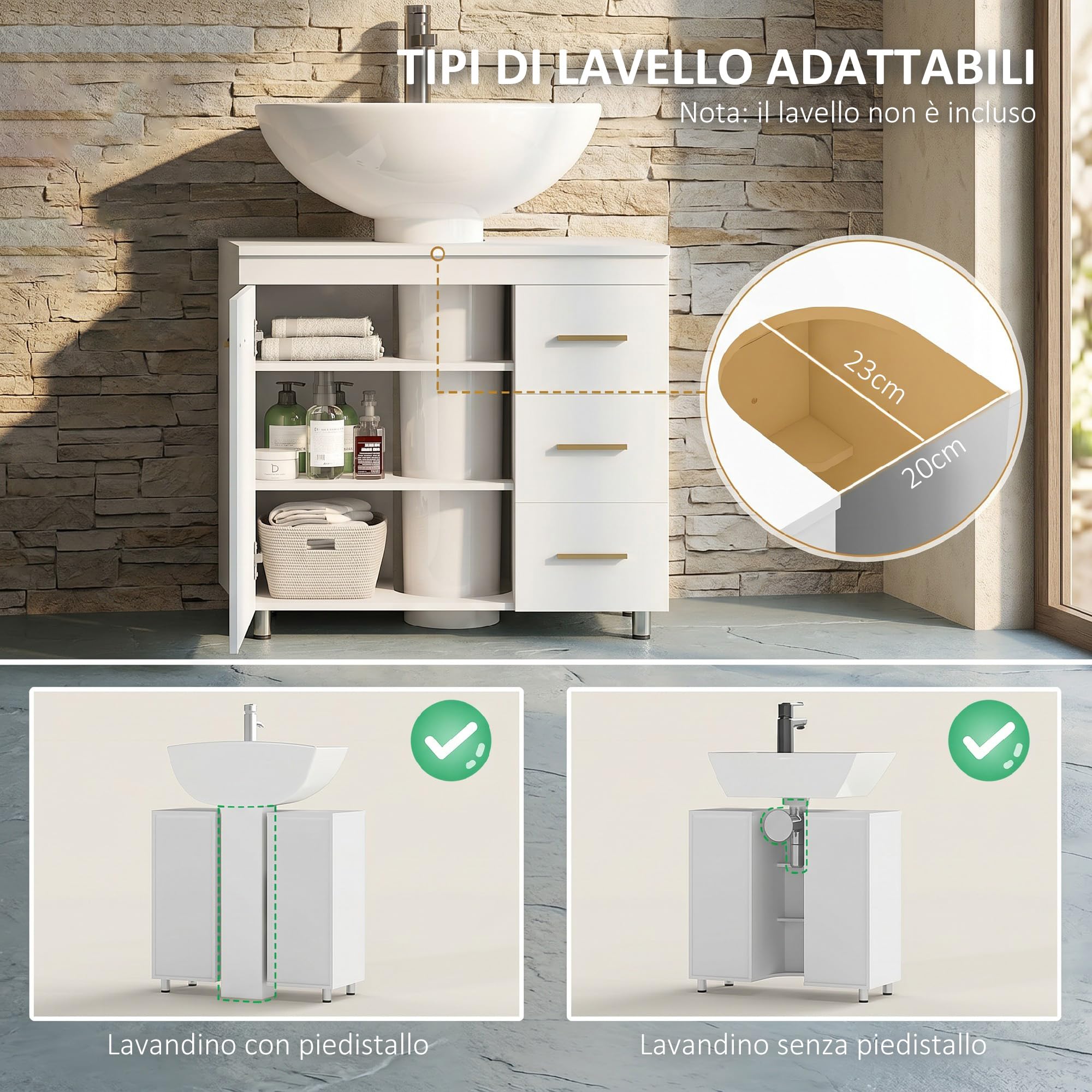 HOMCOM Mobile Sottolavabo per Bagno Salvaspazio 70x30x65cm Bianco | Intaglio a U, Armadietto a 3 Ripiani Soft Close, Mobiletto con 3 Cassetti, per Lavabi con o senza Piedistallo