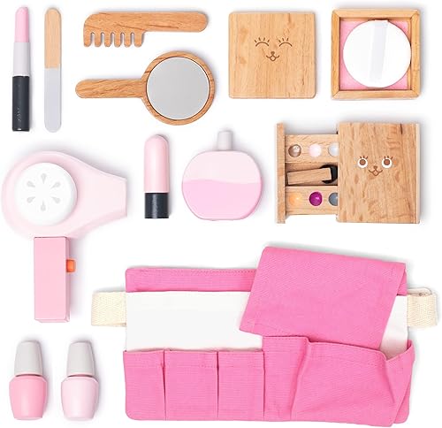 umu Juguetes de madera para salón de belleza para niñas, juego de maquillaje de 12 piezas con maquillaje, cepillo, espejo y estuche de cosméticos, umu Juguetes de madera para salón de belleza para niñas, juego de maquillaje de 12 piezas con maquillaje, cepillo, espejo y estuche de cosméticos,