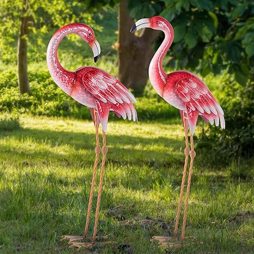 Natelf Decoraciones de flamenco rosa para patio, estatuas y esculturas de jardín de metal, adornos de césped de pájaro de pie para patio, decoración