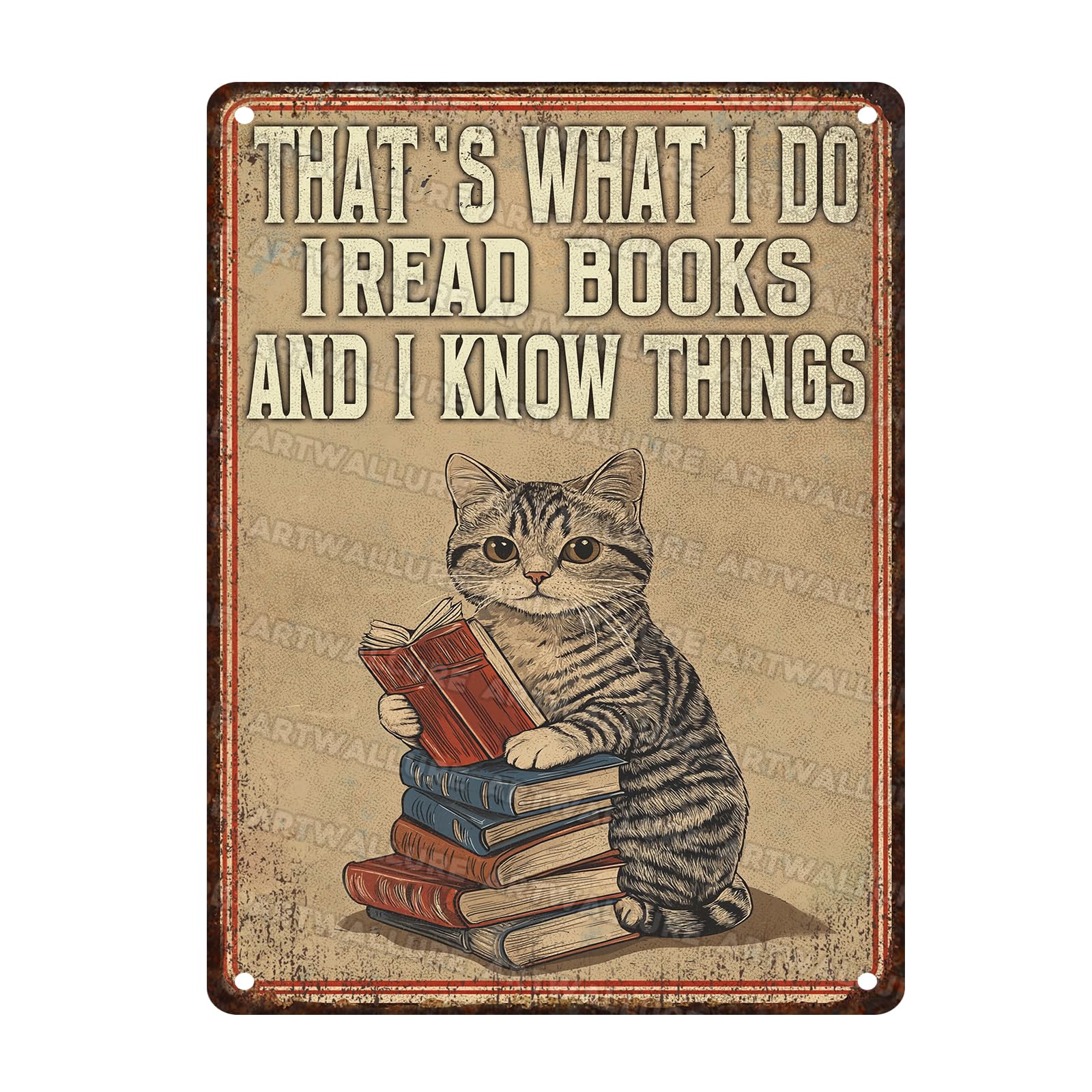 Cat Posters That's What I Do I Read Books Poster Vintage Tin Sign Funny Cat With Book Posters for Wall Art Book Club for Bar Home Decor 12x16inch