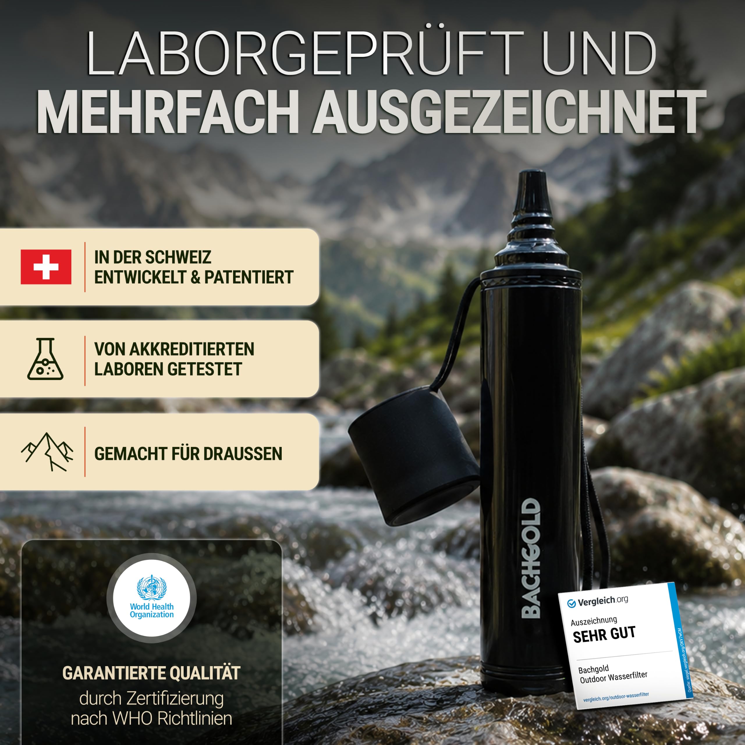 Bachgold Straw Wasserfilter Outdoor Survival – Entfernt 99,99% Viren, Bakterien & Protozoen – 2-Stufen Elektroadsorption mit 70 cm Schlauch – Ultraleicht, für Camping, Wandern & Notfall, Schwarz