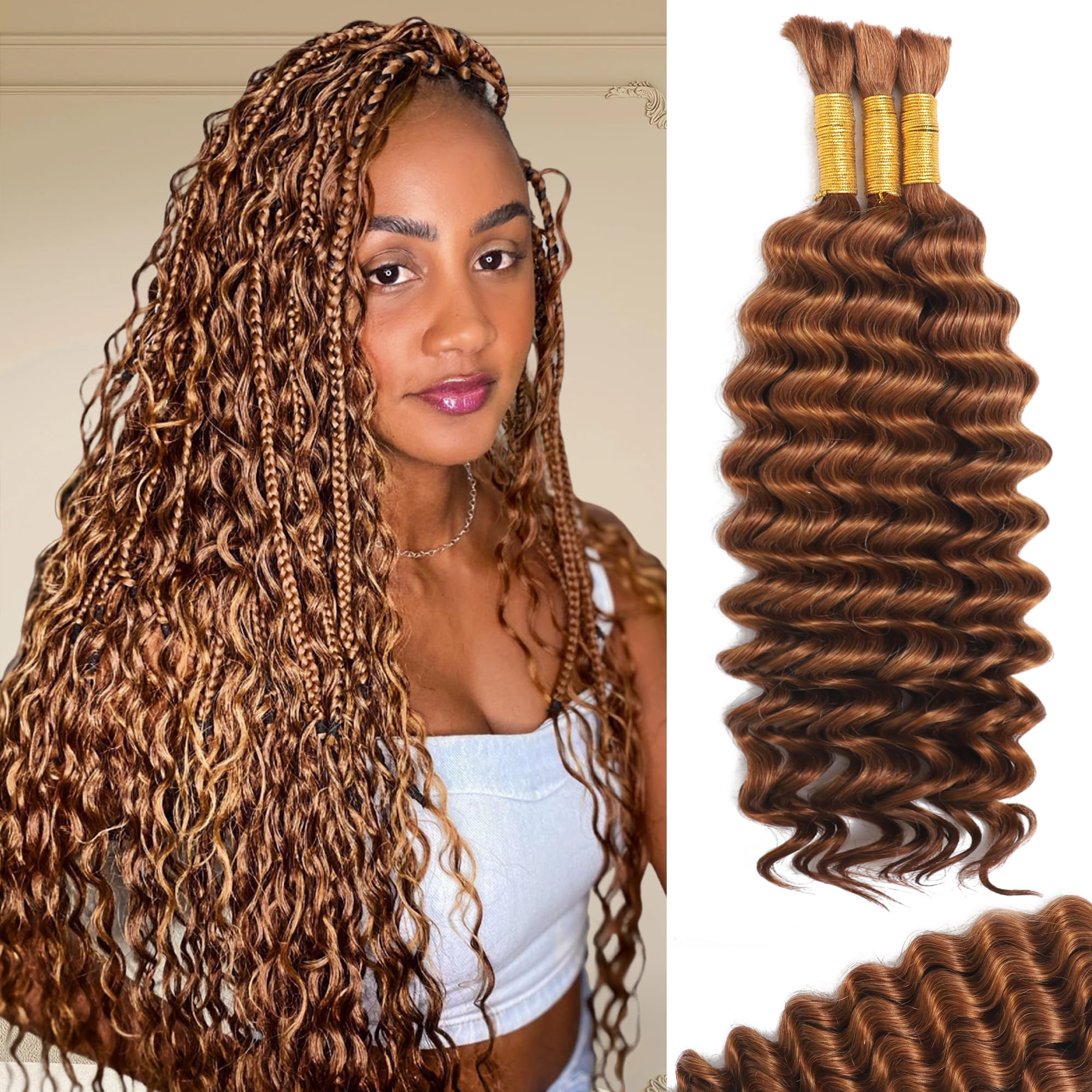 Human Braiding Hair For Boho Braids Deep Water Wave Human Bulk Knotless Boho Braiding Hair 12A Brazilian Virgin Human Hair Extensions for Bohemian Braids 3 Bundles/Pack 120g Auburn Ginger 20Inch