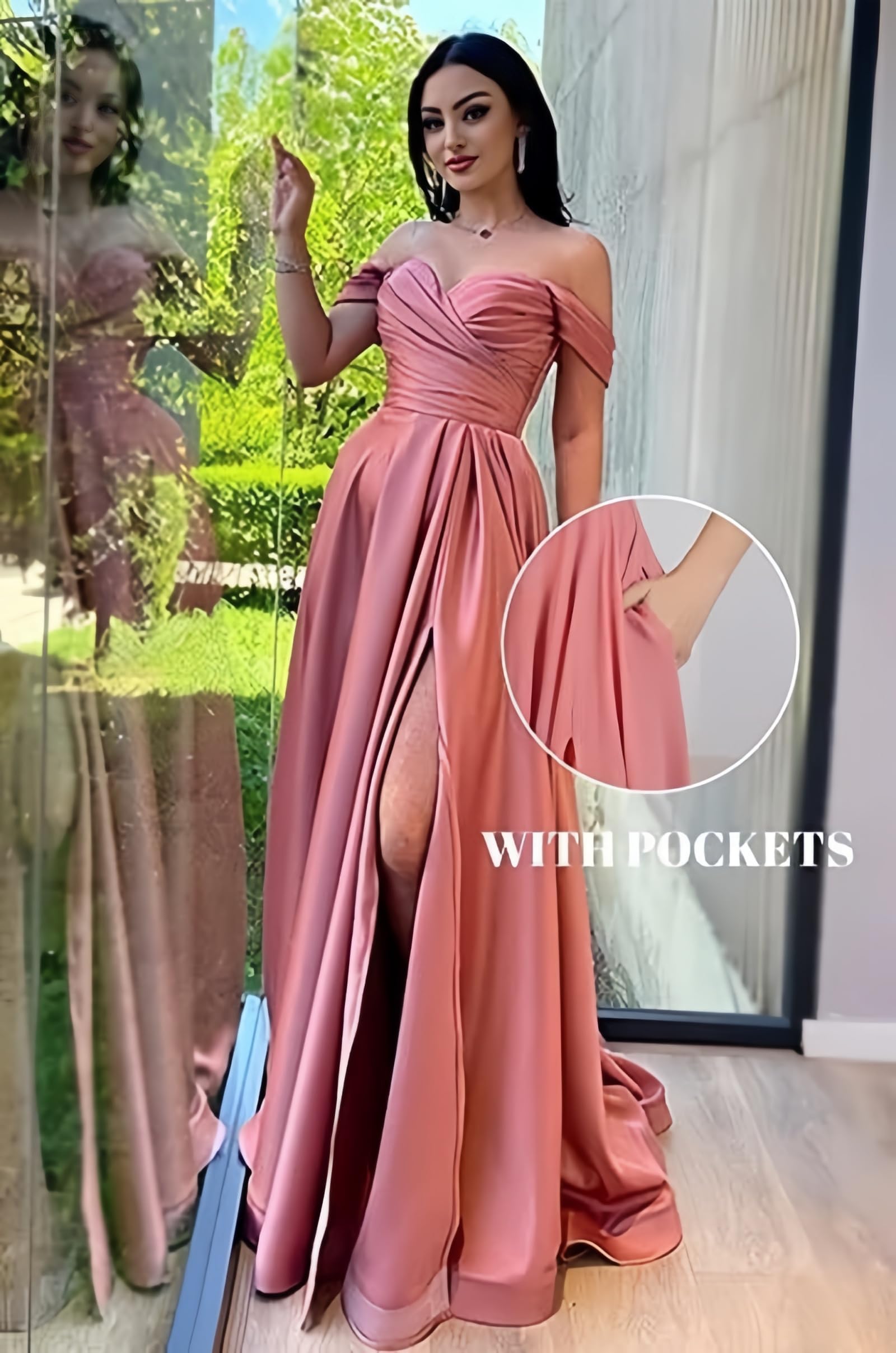 Women's Off The Shoulder Bridesmaid Dresses with Slit Satin Formal Gowns Long Prom Evening Party Dress with Pockets