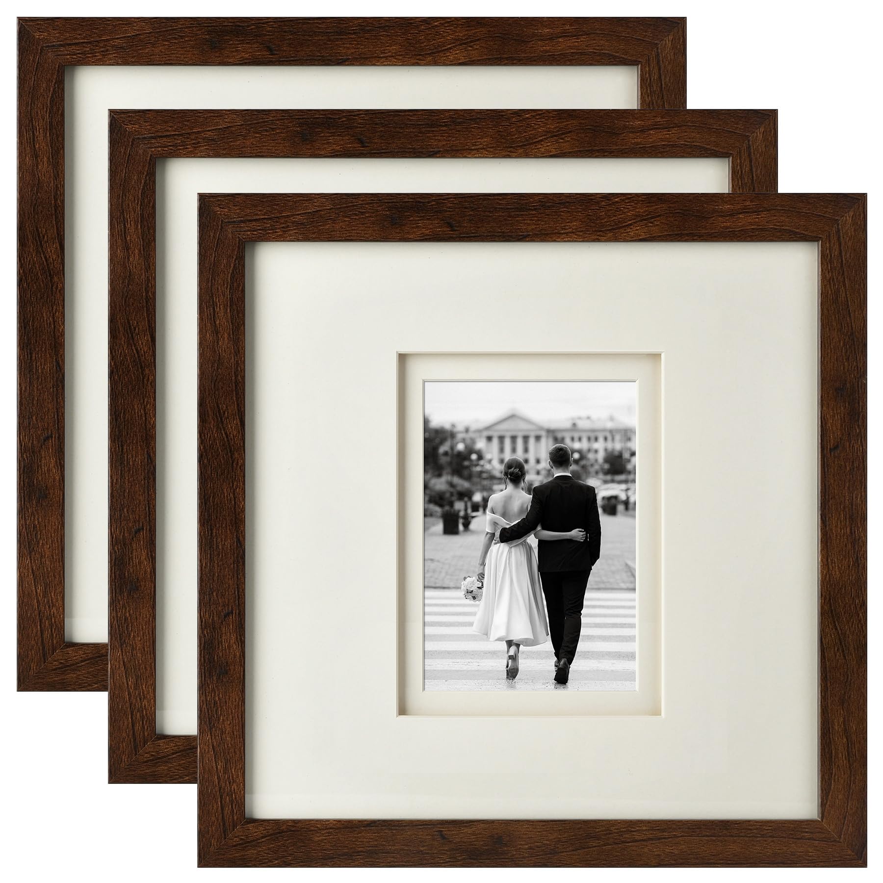 Photo 1 of Yaetm 12x12 Square Picture Frame Matted to 5x7, Double Floating Ivory Mat, Brown Wood Grain Photo Frame with Polished HD Tempered Glass for Wall Gallery, Home and Office, Wall Mounting, 3 Pack