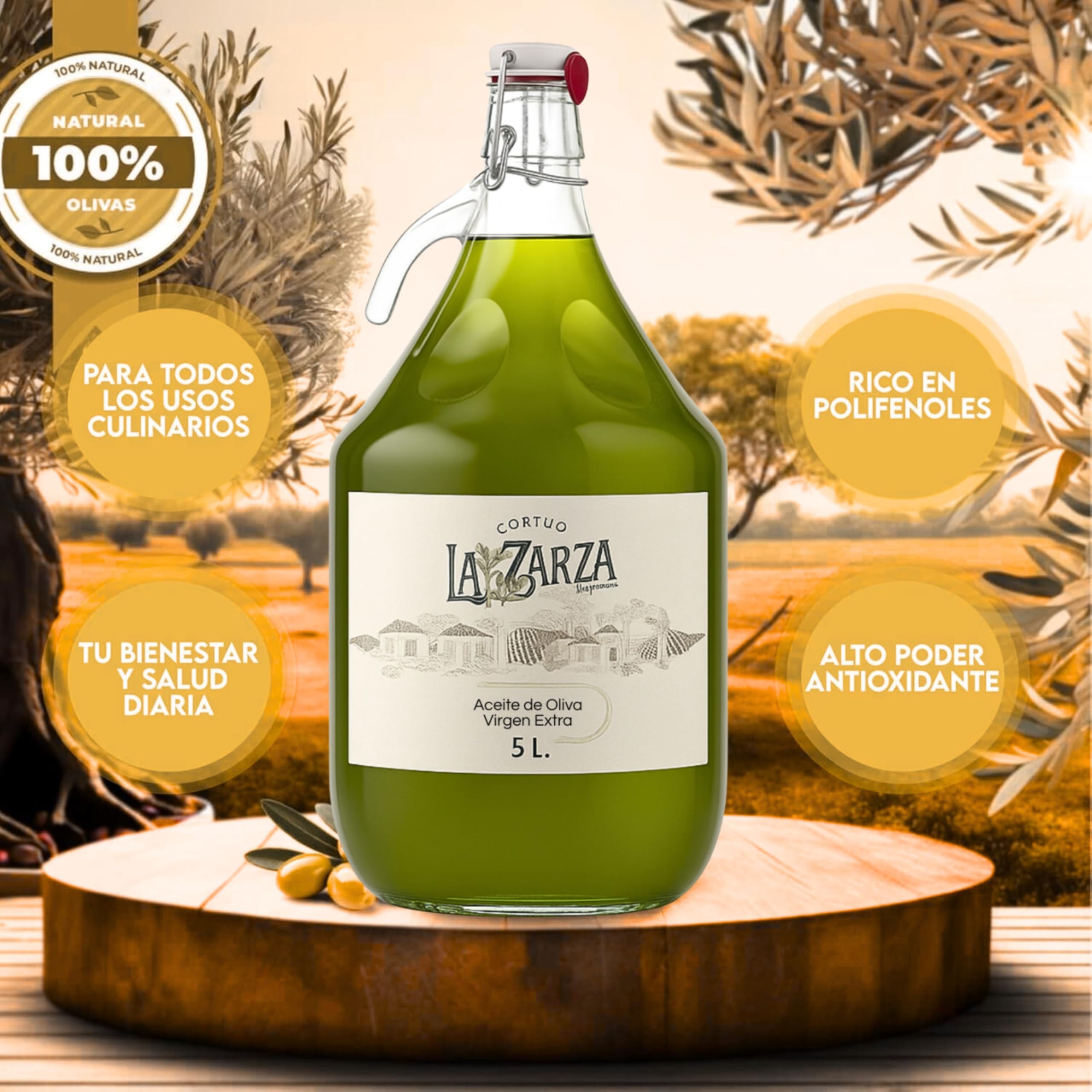 Aceite de Oliva Virgen Extra Picual AOVE | Cosecha Temprana Octubre | Garrafa de Cristal 5L | Sabor Frutado con Notas de Hierba, Tomate y Manzana | Acidez 0,2 | 100% Natural y Saludable