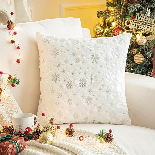 Miniatura 5 de AQOTHES Fundas de almohada decorativas de piel sintética suave con copos de nieve con purpurina para decoración de Navidad, hogar, cama, sofá,