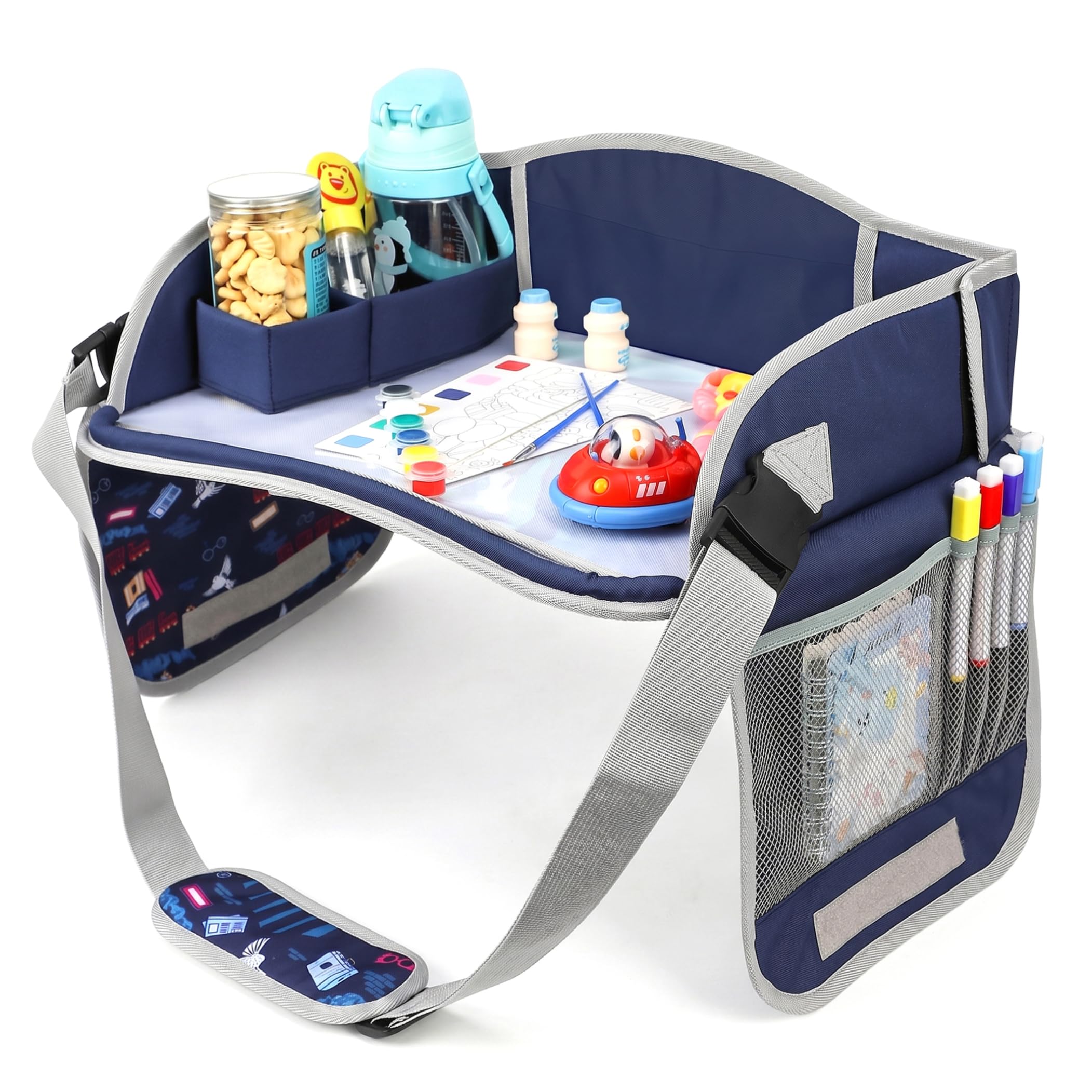 Mesa de asiento de coche para niños, bandeja de viaje grande para asiento de coche, tabla de dibujo plegable con bolsillos de almacenamiento para niñas y niños, azul oscuro