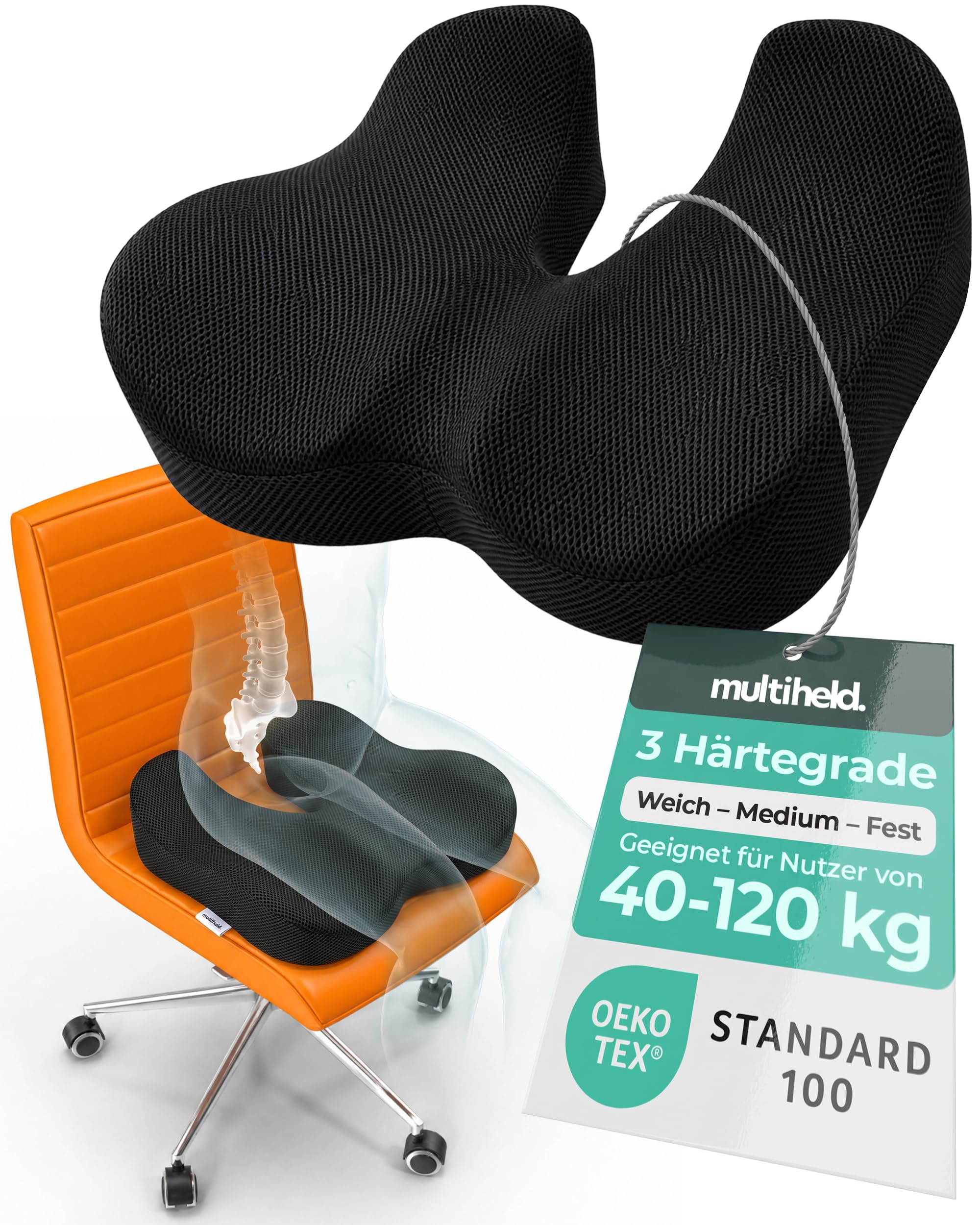 multiheld SITZKISSEN BÜROSTUHL, ergonomisches Steißbeinkissen orthopädisch mit 3 HÄRTEGRADEN für Homeoffice, Büro & Gaming, rutschfeste Unterseite, extra große Auflagefläche, hochwertiger Memory Foam