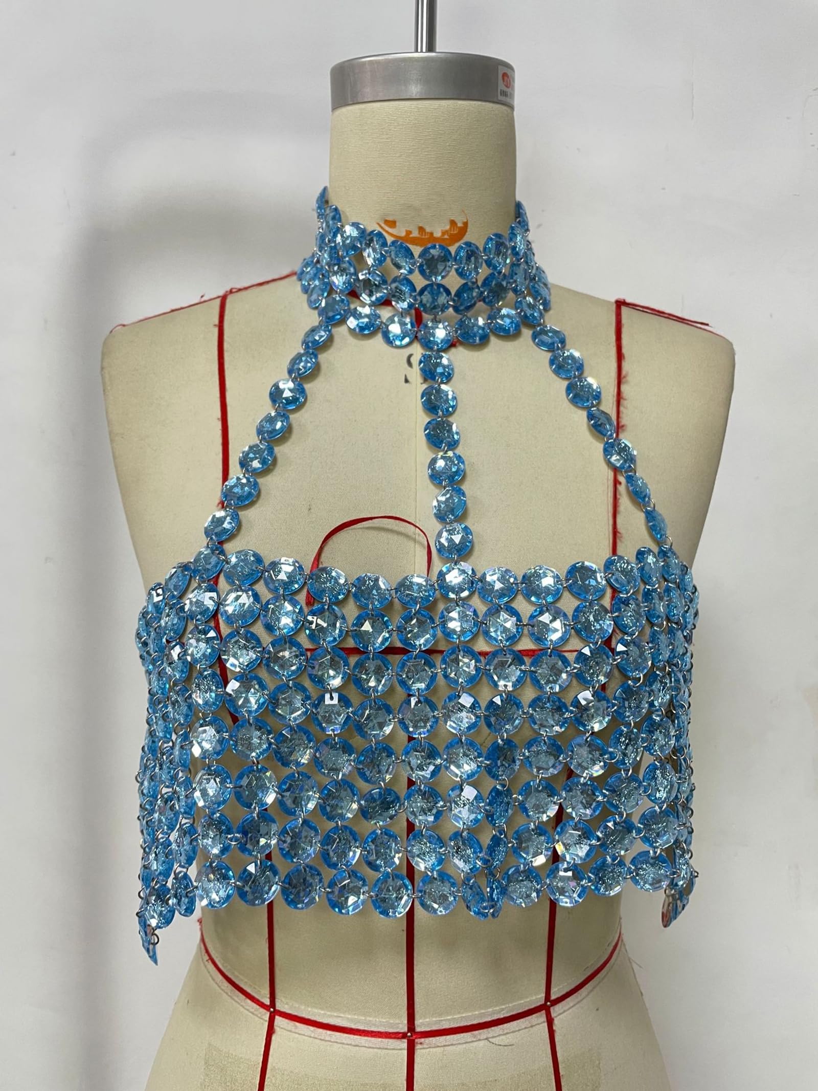 Femmes Sexy Hollow Out Crop Top Sparkle Strass Sans Manches Sans Dos Nu Rave Shirt Club Tops
