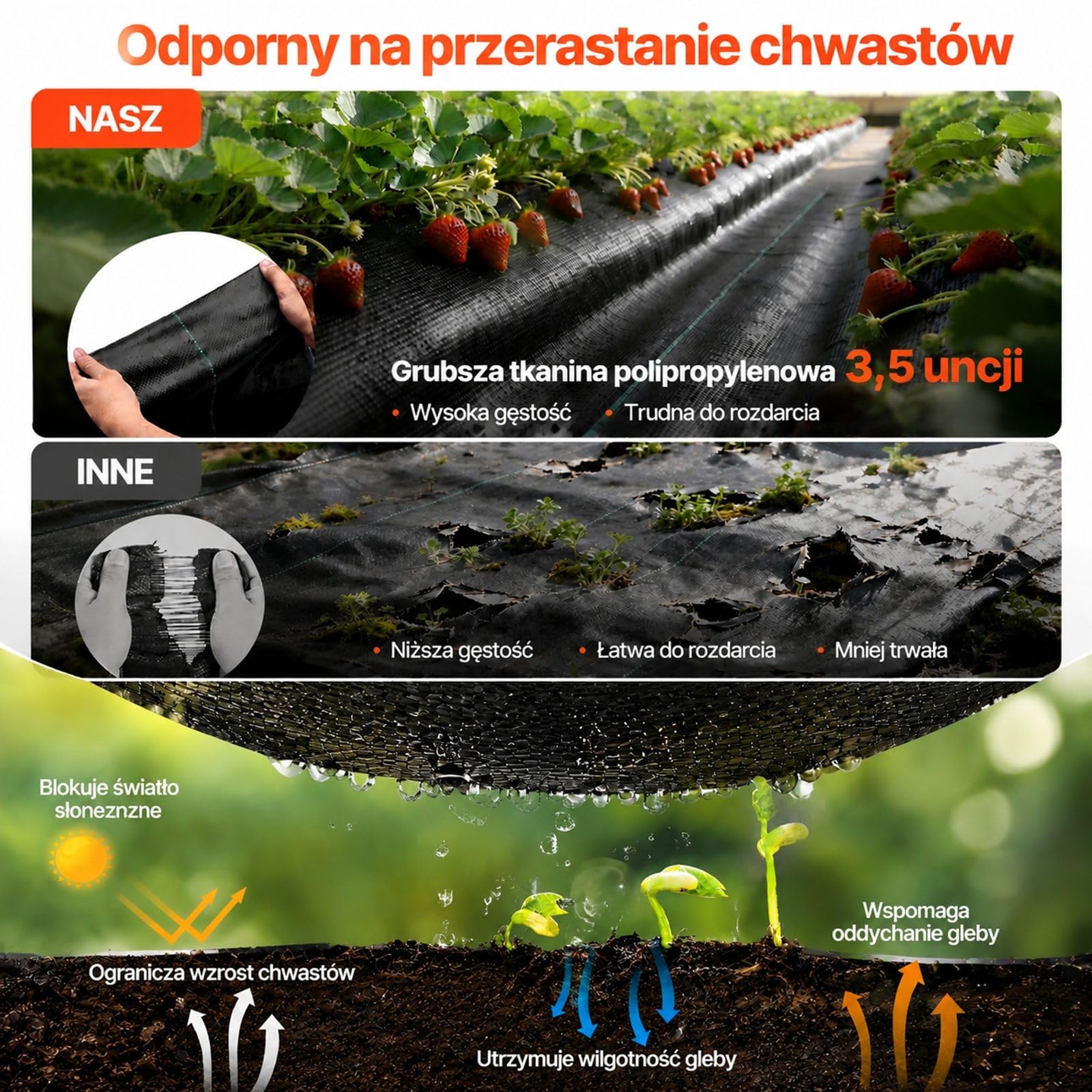 Mata przeciw chwastom w rolce, czarna tkanina z polipropylenu z liniami pomocniczymi i wykończonymi krawędziami do szklarni oraz gospodarstw