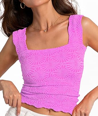 Women's Square Neck Wide Strap Crop Tank Tops Flower Going Out Tops Slim Fit Lettuce Trim Crop Cami Tops