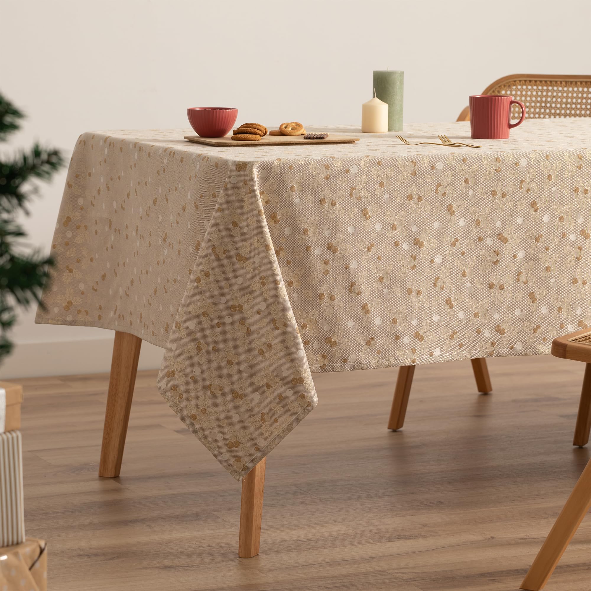 GAMUSI Mantel Navidad Jacquard Hilo Dorado Mesa Comedor Rectangular Decoración Navideña 140x240 cm Color Beige/Oro