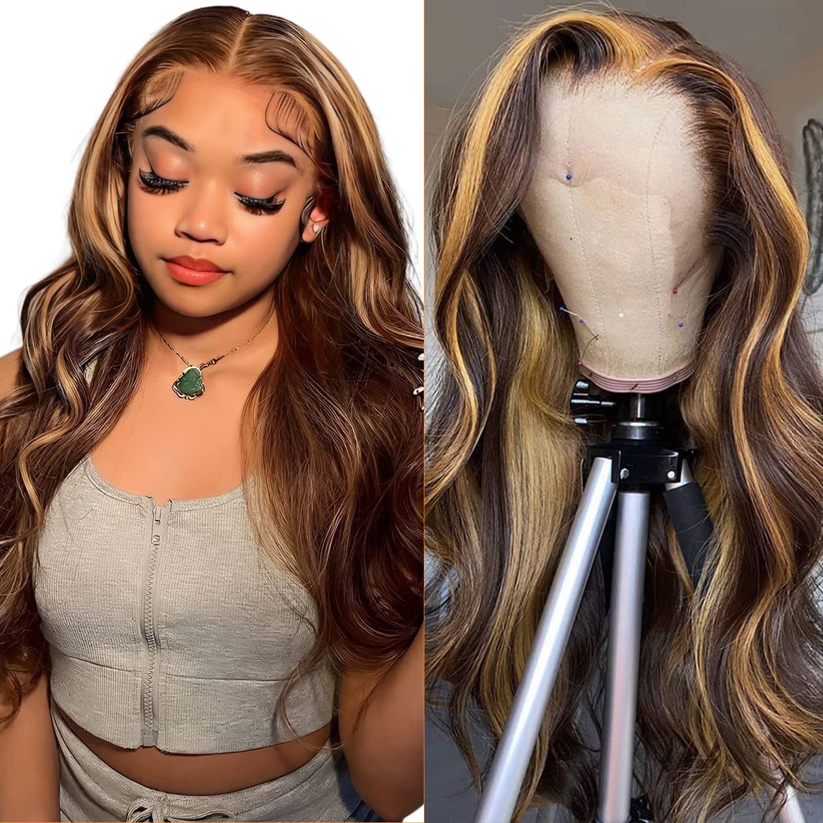 Ombre Lace Front Wig Human Hair 4/27 Highlight Honey Blonde 13x4 HD Transparent Lace Front Wigs Human Hair Pre Plucked Colored Glueless Body Wave Frontal Wigs for Women 150% Density 24 Inch