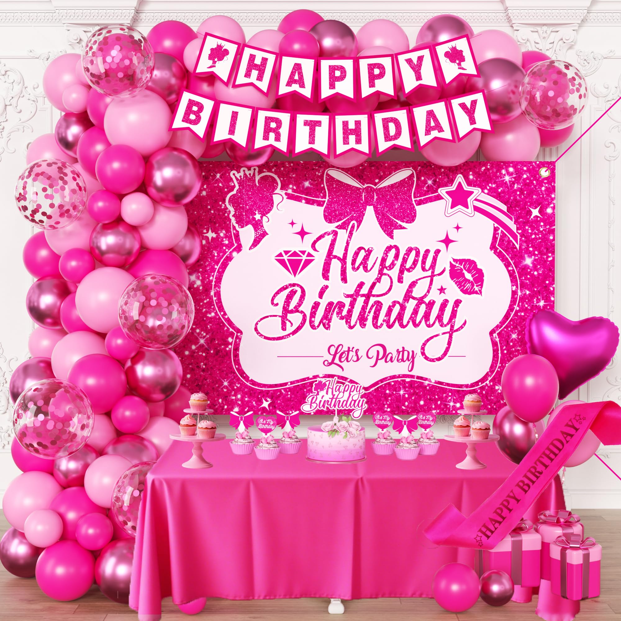 Pink Birthday Party Decorations for girls,Birthday Banner,Pink Backdrop,Hot Pink Balloons Party Decorations