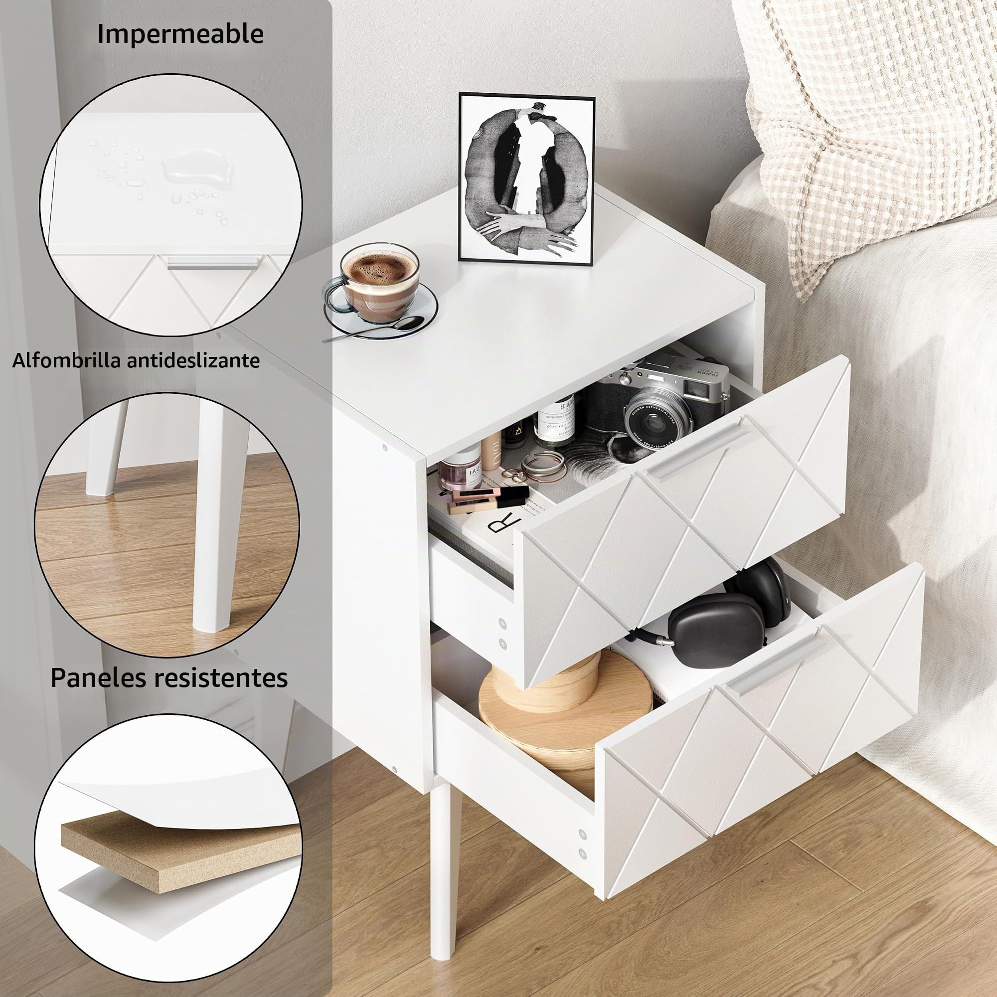 Mesitas de Noche Blancas con Dos Cajones Bedside Table | Estilo Moderno Y Elegante,Fabricado En Madera,Estructura Estable Sin Vibraciones,Para Salón Y Dormitorio