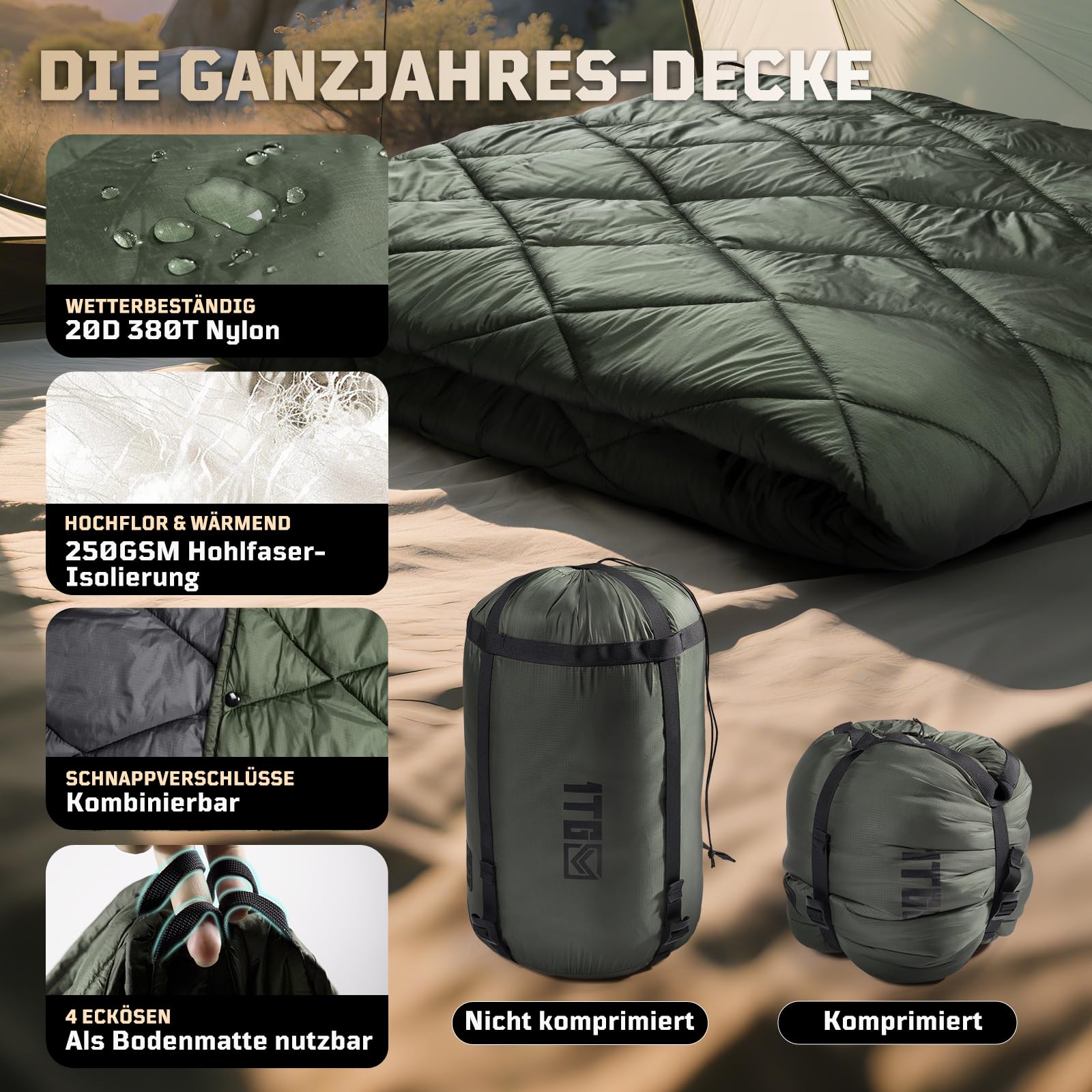 1TG Tactical Camping Decke, Outdoor Decke Ultraleicht,Campingdecke Wasserabweisend Kompakt für Wandern, Auto, Angeln, Camping, Büro (M -190x132CM L-158x208CM)