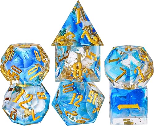 Cusdie - Dados D&D de bordes afilados, 7 dados D&D, juego de dados poliédricos hechos a mano, para juego de rol Pathfinder (azul remolino con lámina