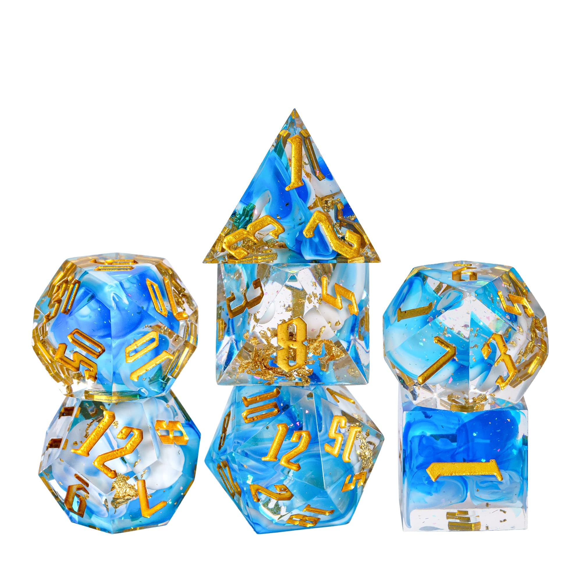 Cusdie Sharp Edges DND Dice, 7 PCs D&D Dice, Handcrafted Polyhedral Dice Set, for Role Playing Game Pathfinder (Blue Swirl w/Gold Foil) — image 1