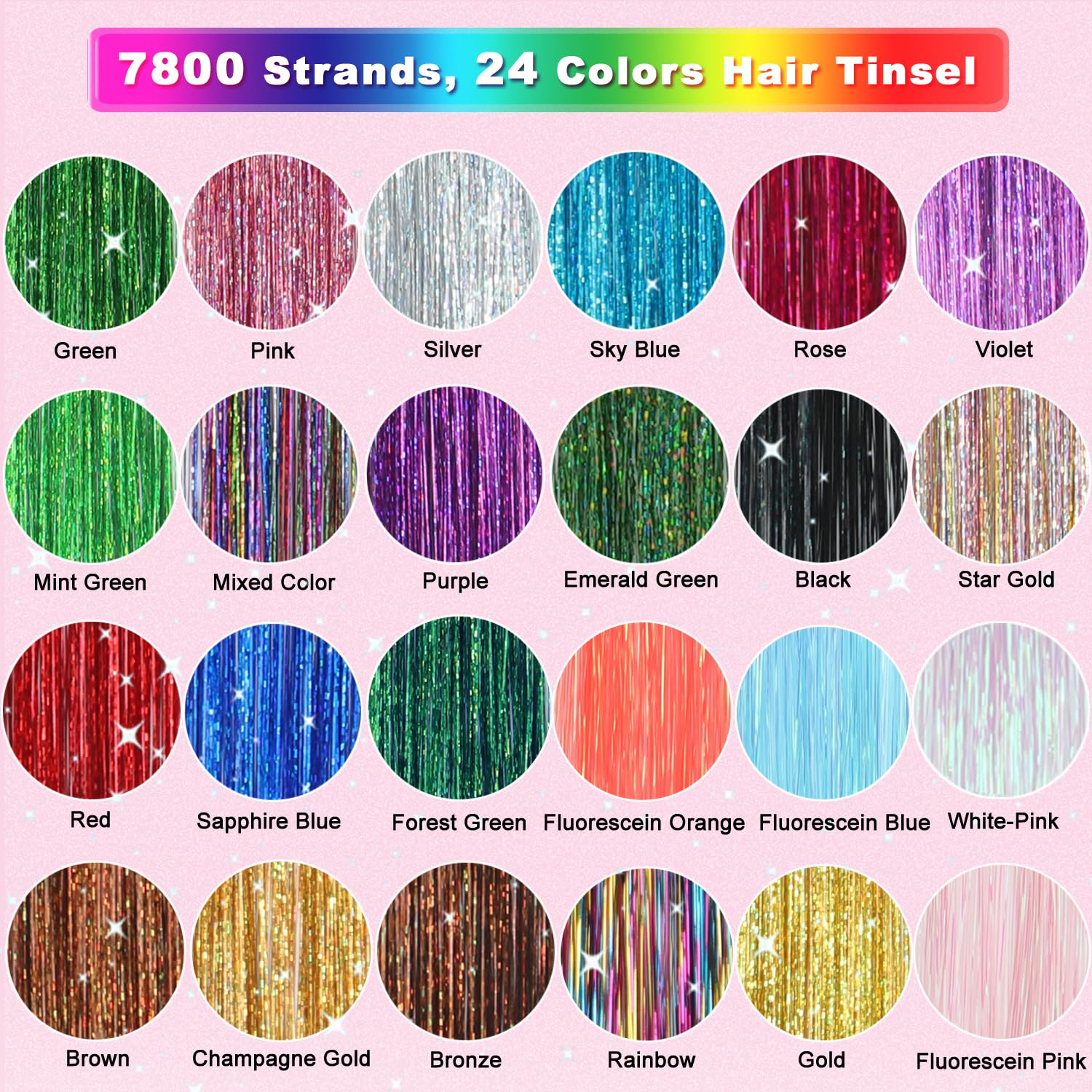 Kit de oropel para el cabello, 24 colores, 7800 hebras de cabello con herramientas, extensiones de cabello de oropel con purpurina de 48 pulgadas, kit de oropel de pelo de hada festivo, para 3