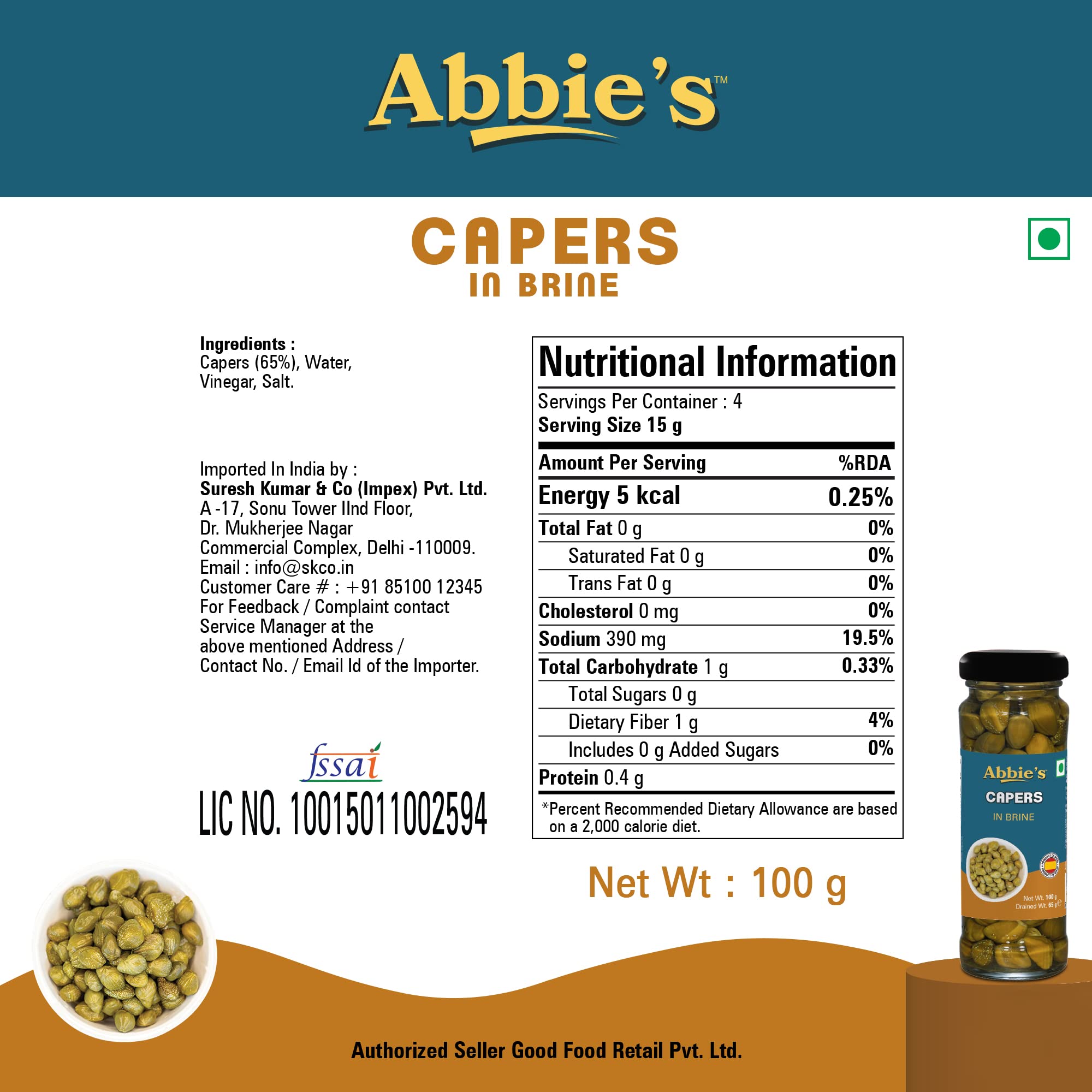 Abbie's Capers in Brine 200 g (100 g X 2 units), Product of Spain