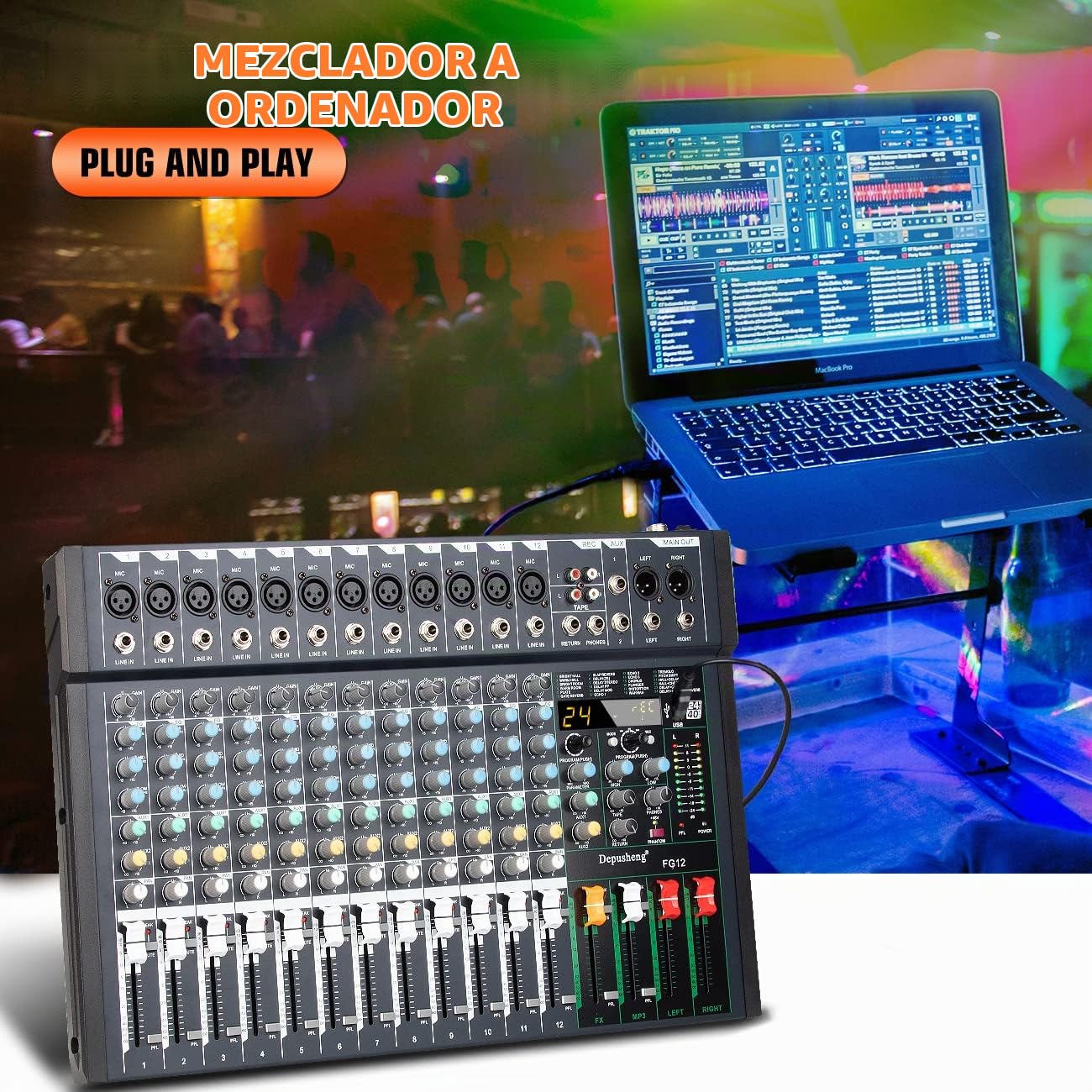 Depusheng FG12 Mezclador de audio profesional de 12 canales para la interfaz de sonido de grabación de computadora, interfaz de controlador de sonido, incorporado 24 DSP Effect con 48V Phantom Power