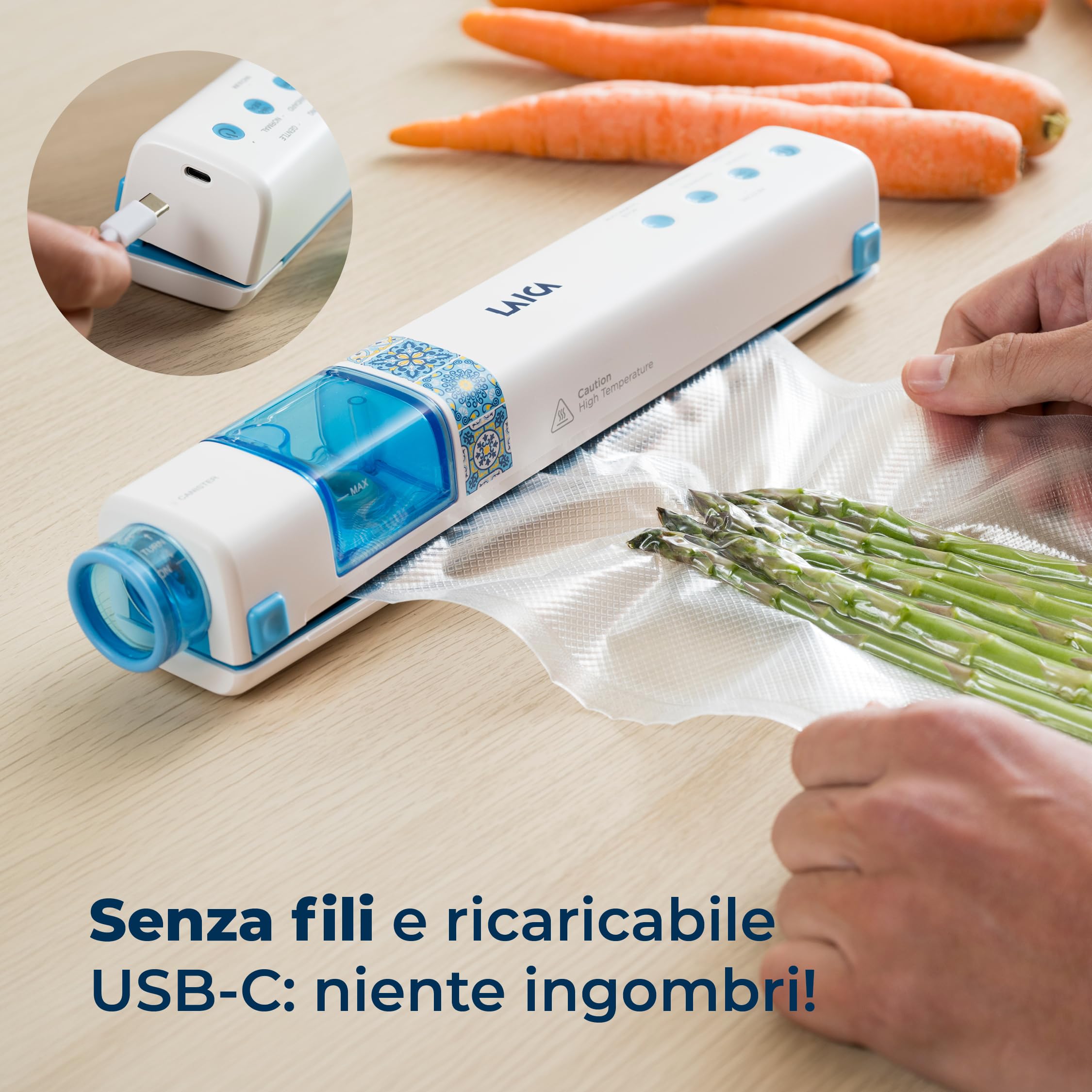 LAICA VT3206 Macchina Sottovuoto Alimenti Senza Fili - Automatica e Compatta, Ricarica USB-C - Conserva i Cibi Fino a 5 Volte Più a Lungo - Camera Raccogli Liquidi, Taglierina e Rotolo Inclusi