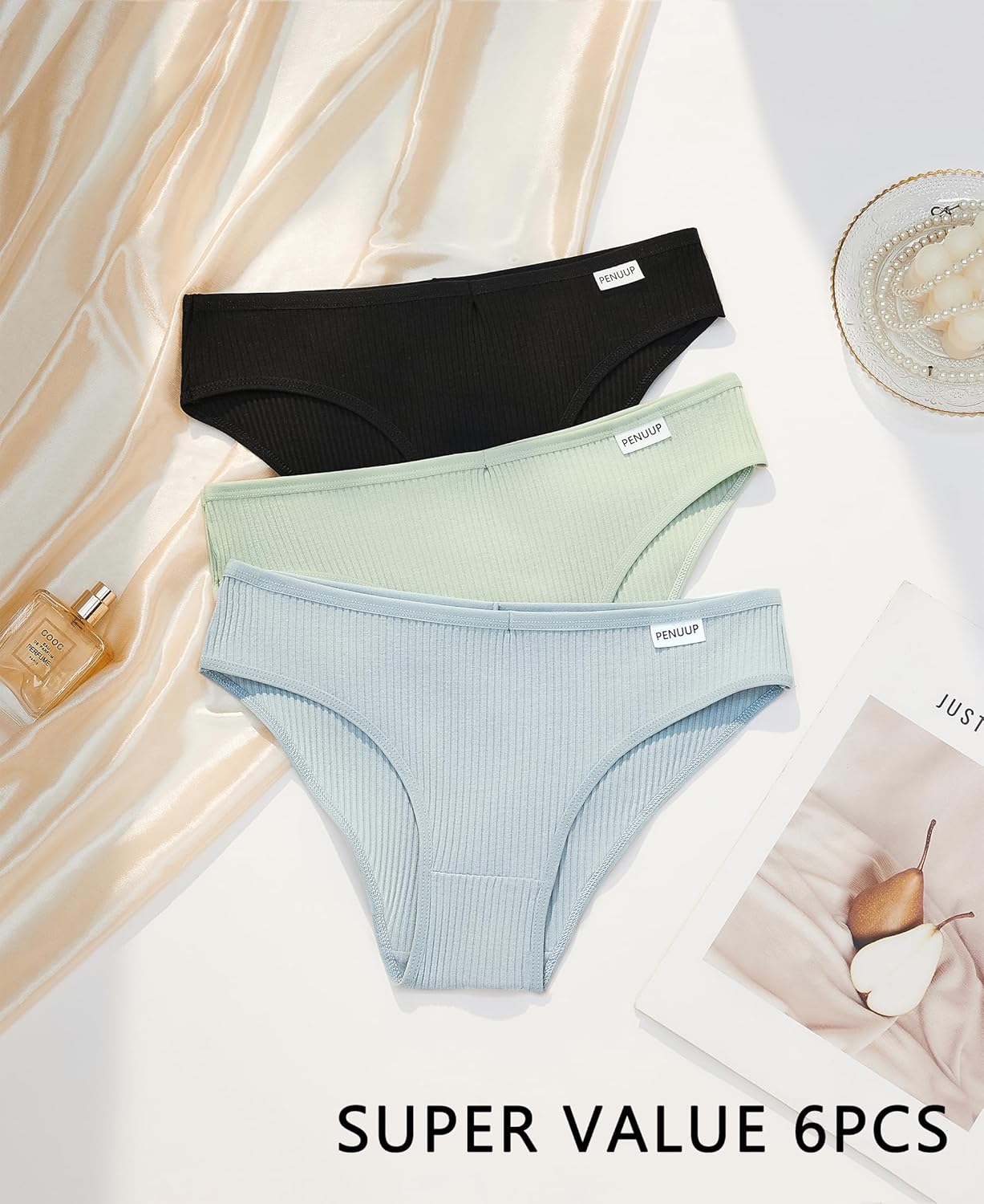 Cotton Underwear for Women Cute Low Rise Ribbed Bikini Breathable Sexy Hipster Womens Cheeky 6 Pack - Image 6