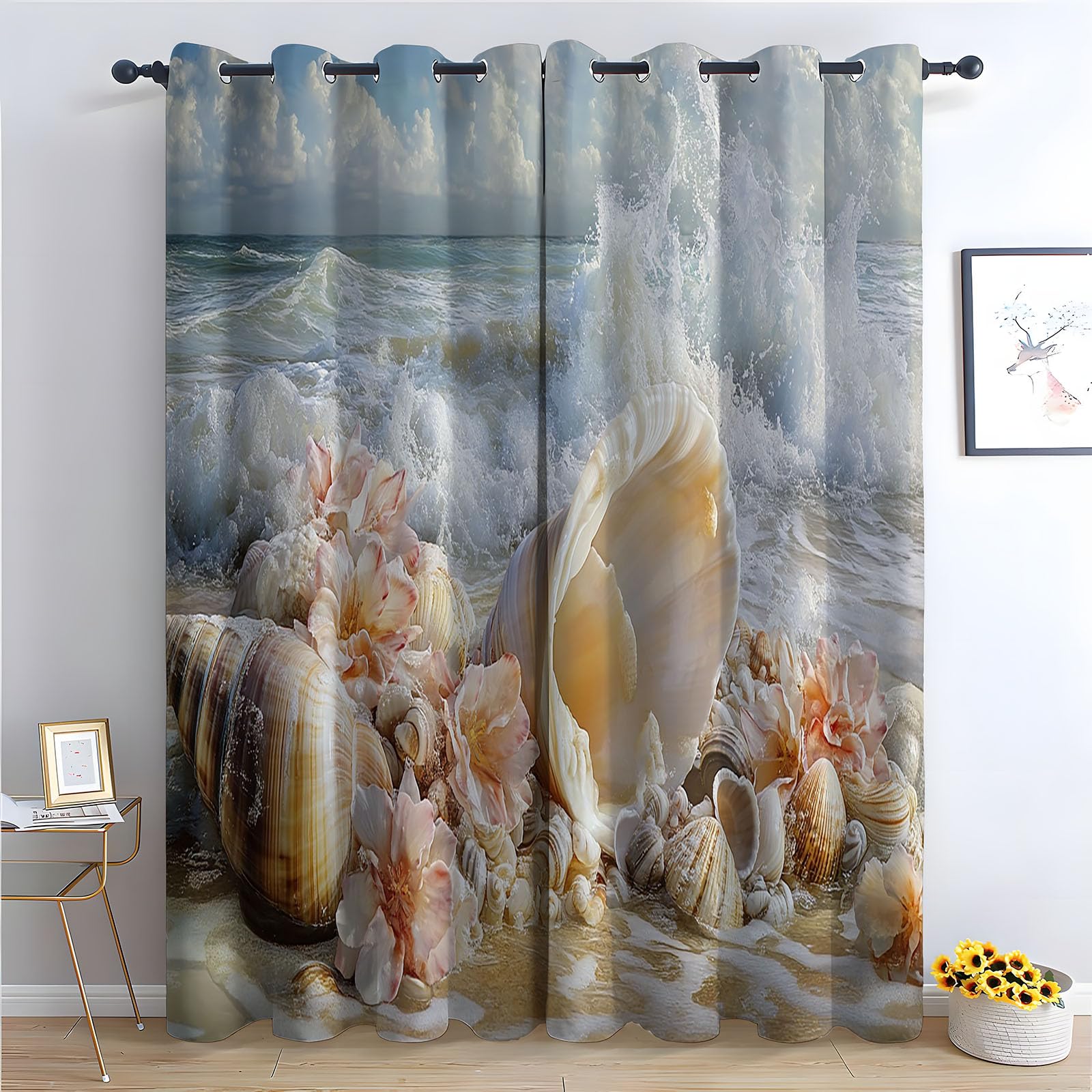 WIKEO Floral Curtains for Living Room Night Beach Flowers Scenery Botanical Blackout Curtain,Thermal Insulated Long Farmhouse Print Decorative Grommet Drapes, 2 Panels-52 W x 96" L (Pack of 2)