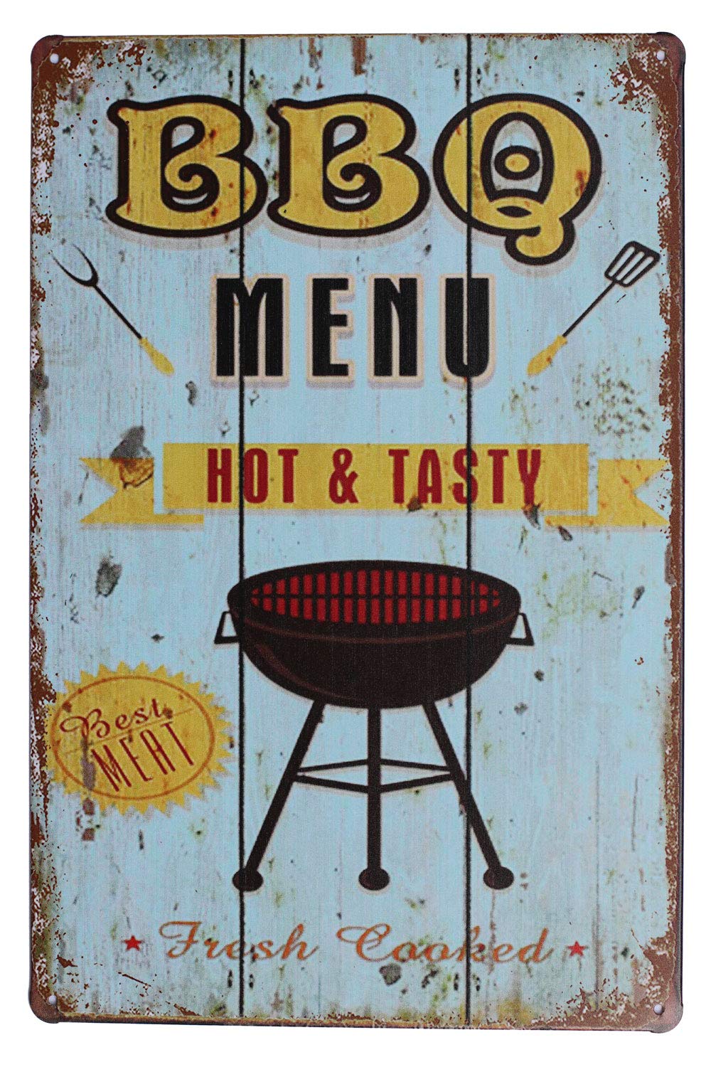 Hioni Blue Bbq Menu Hot & Tasty, Metal Tin Sign, Vintage Plaque Kitchen Wall Decor