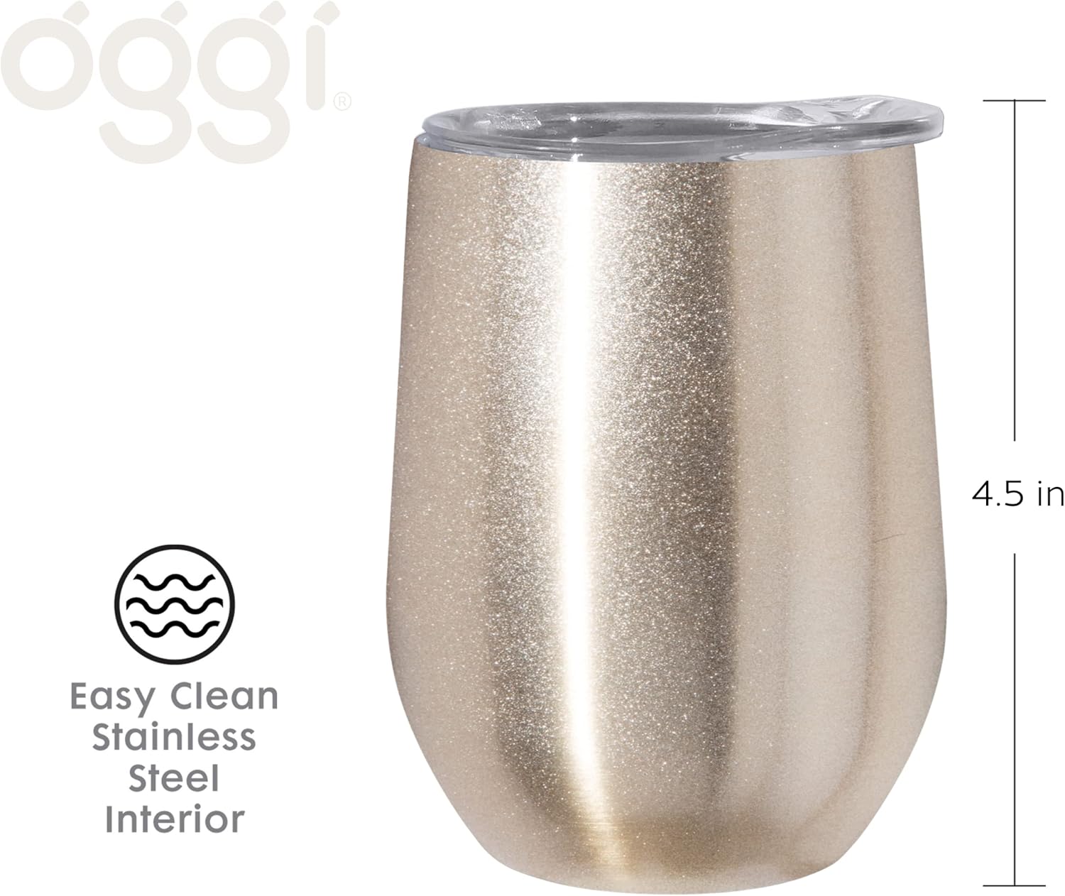 Oggi Cheers 'Celebrate Collection' Stainless Steel Insulated Wine Tumbler - Gold Sparkle, 12oz, with clear slider lid. - Image 3