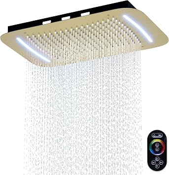 16x26 Inch LED Rainfall Shower Head- High Pressure Overhead Shower Heads with Water Filter Large Ceiling Mounted Bath Showerhead for Strong Spray & Relaxing Rain Shower Brushed Gold