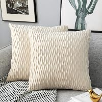 Sunia Csíkos Bársony Párnahuzat Szett - 2 db Krémfehér Díszpárna Huzat Nappali és Hálószoba Dekorációhoz - 50x50 cm Puha Velúr Anyagból 1