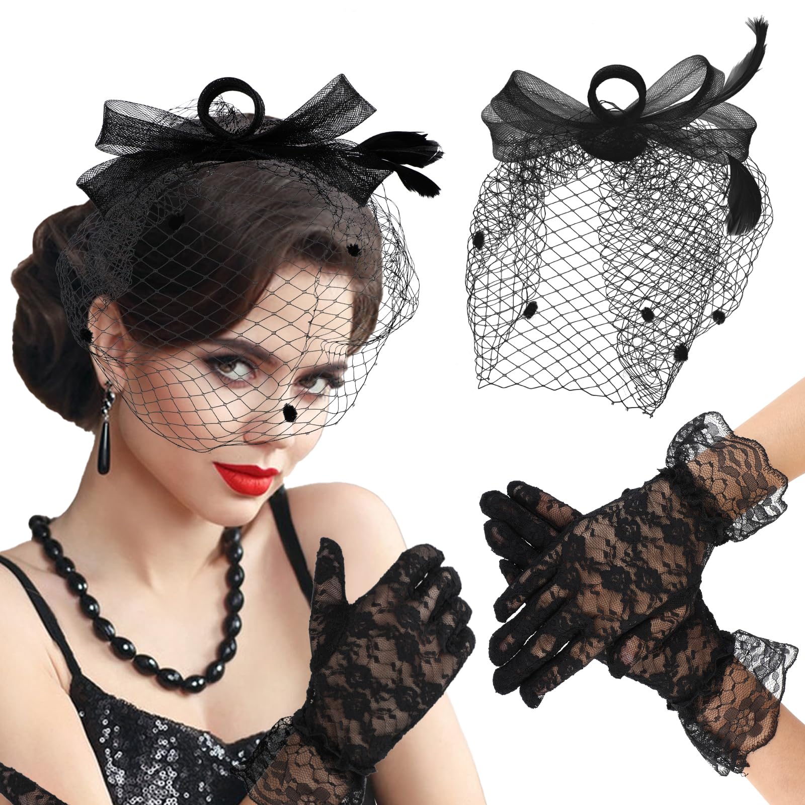 WLLHYF Tocado con plumas y velo, diadema de malla con guantes de encaje cortos de los años 20, sombrero de fiesta de té para mujer, sombrero de clip para el pelo