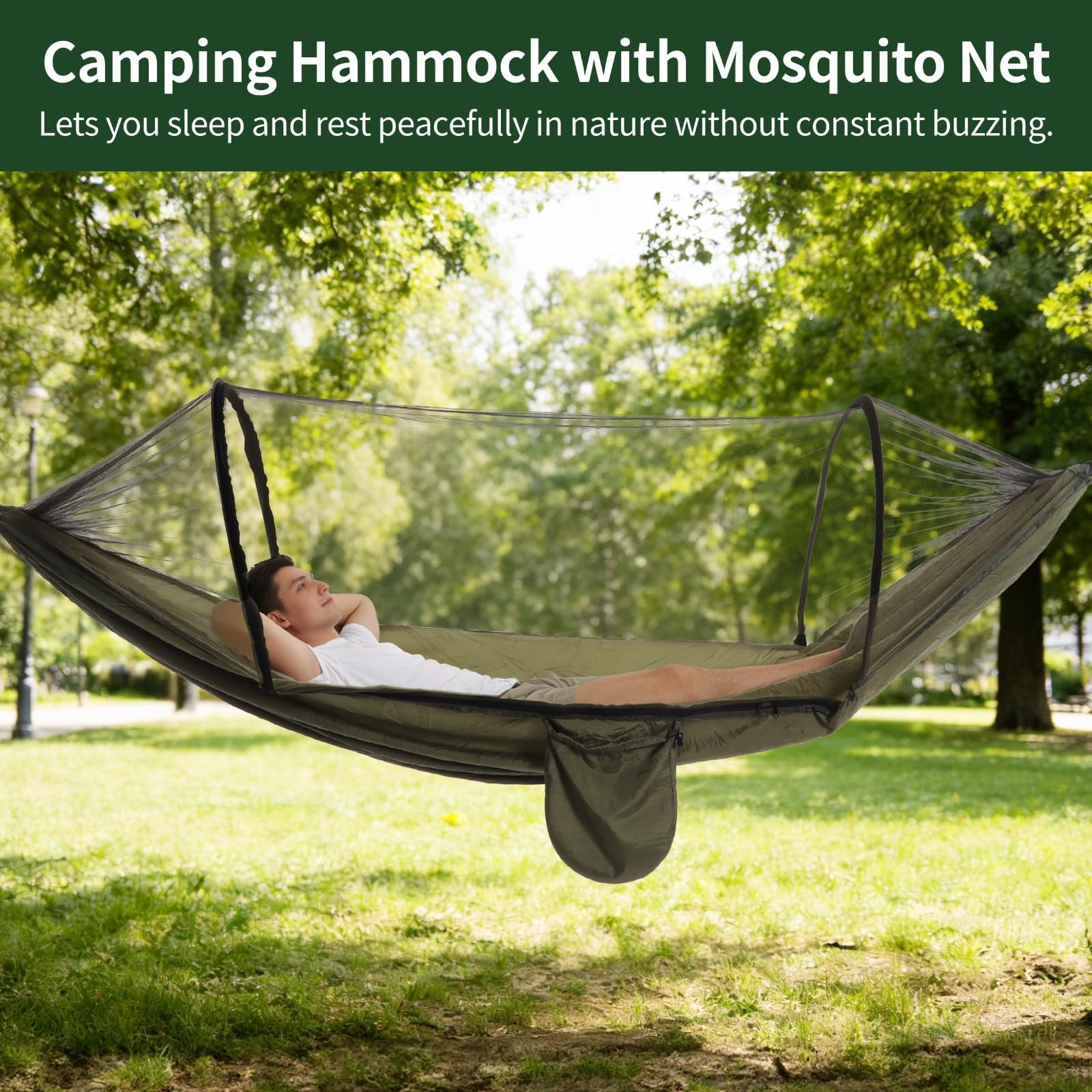 Amaca da campeggio con zanzariera, portatile, installazione rapida, 2,6 x 1,4 m, amaca altalena per campeggio all'aperto, escursionismo, viaggi, include moschettoni e cinghie per alberi