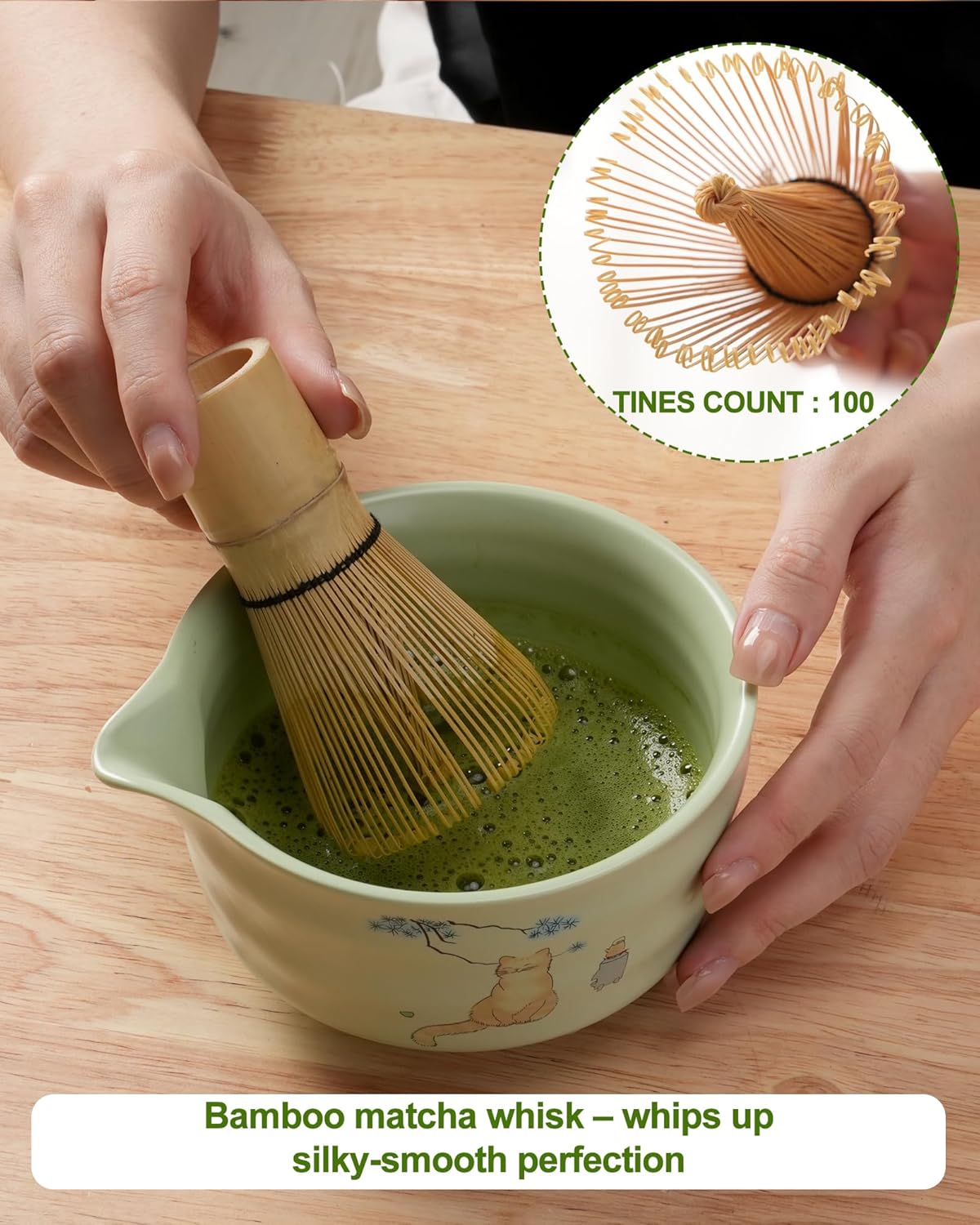 Matcha Whisk Set, Ceramic Matcha Set Includes Matcha Bowl, Matcha Whisk and Holder, Bamboo Scoop, Scoop Rest, Sifter and Tea Towel - 7 Pcs Matcha Kit(Green) - Image 4