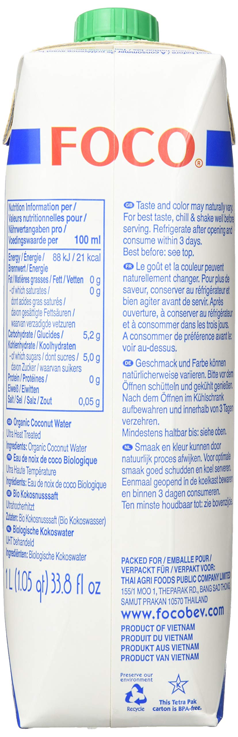 FOCO Bio Kokosnusswasser | 100 % Pur & Natürlich | Erfrischender Durstlöscher & Sportgetränk | Von Natur aus Vegan | Praktisches Tetra-Pak | 6 x 1 l