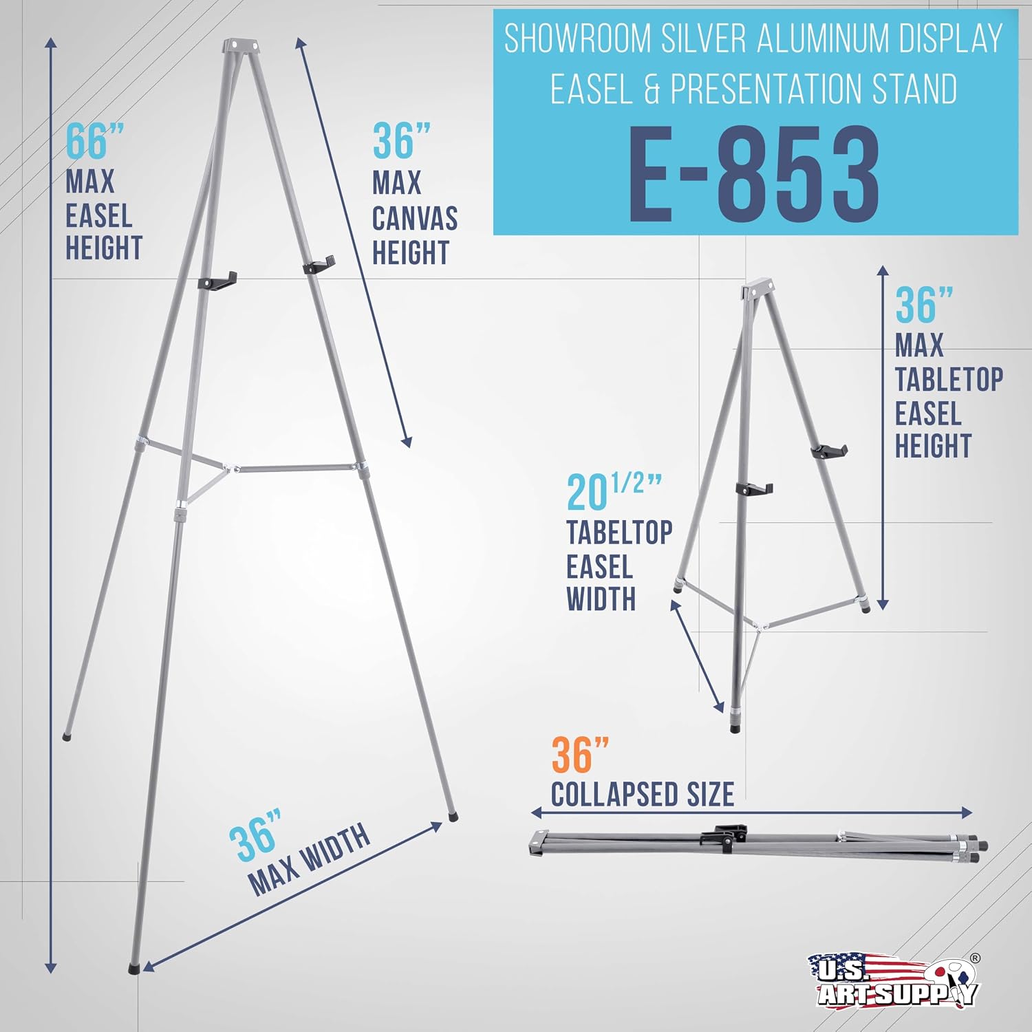 U.S. Art Supply 66 High Gallery Silver Metal Display Easel - Large Adjustable Height Portable Easel Stand, Sign Display, Holds 25 lbs - Floor & Tabletop Easels, Painting Stand