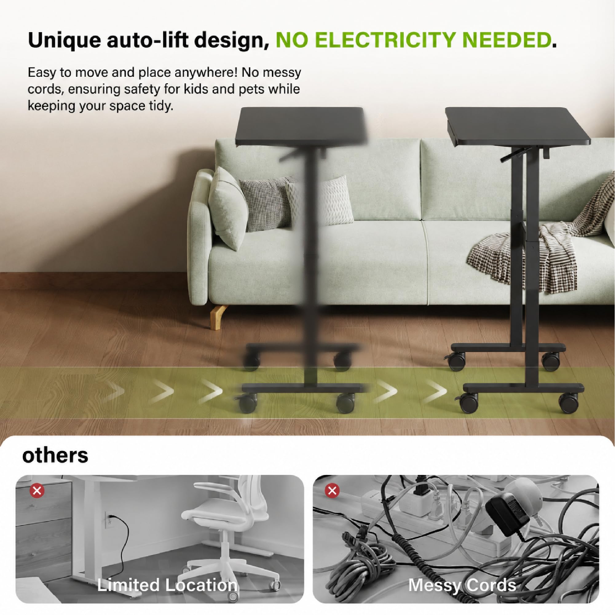 Escritorio Regulable en Altura Neumático con Ruedas, Mesa de Trabajo Ergonómica para Oficina en Casa, Soporte para Computadora Portátil, Móvil y Estable, Negro