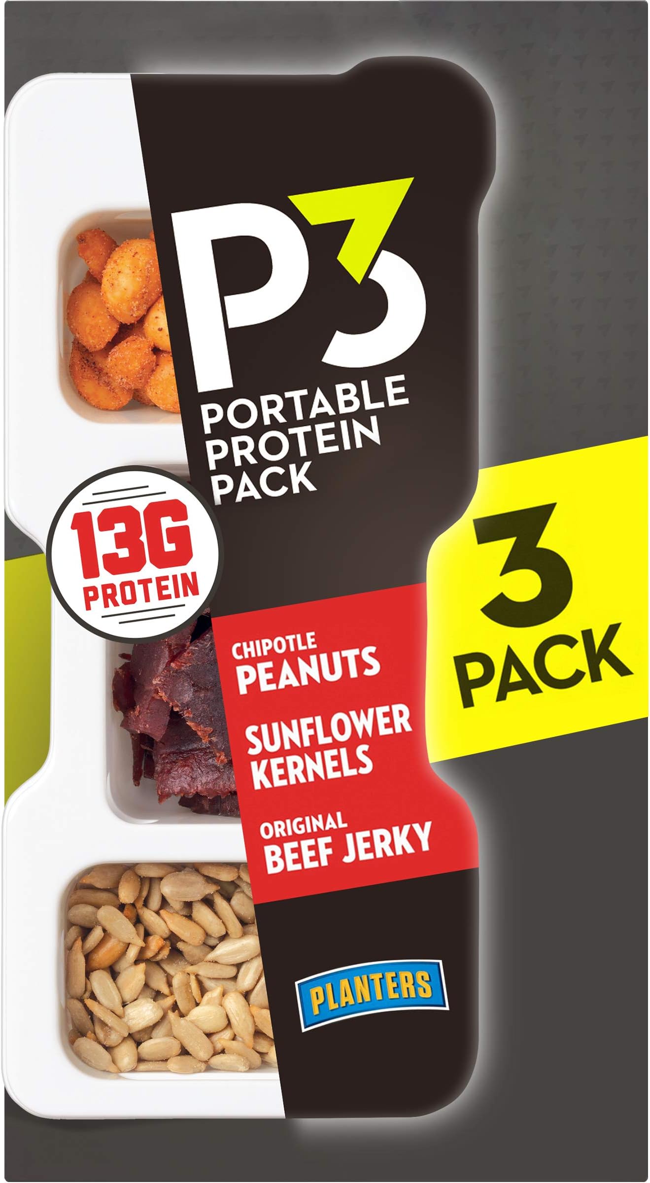 P3 Portable Protein Snack Pack with Chipotle Peanuts (Sunflower Kernels & Original Beef Jerky, 3 ct Box, 1.8 oz Trays)