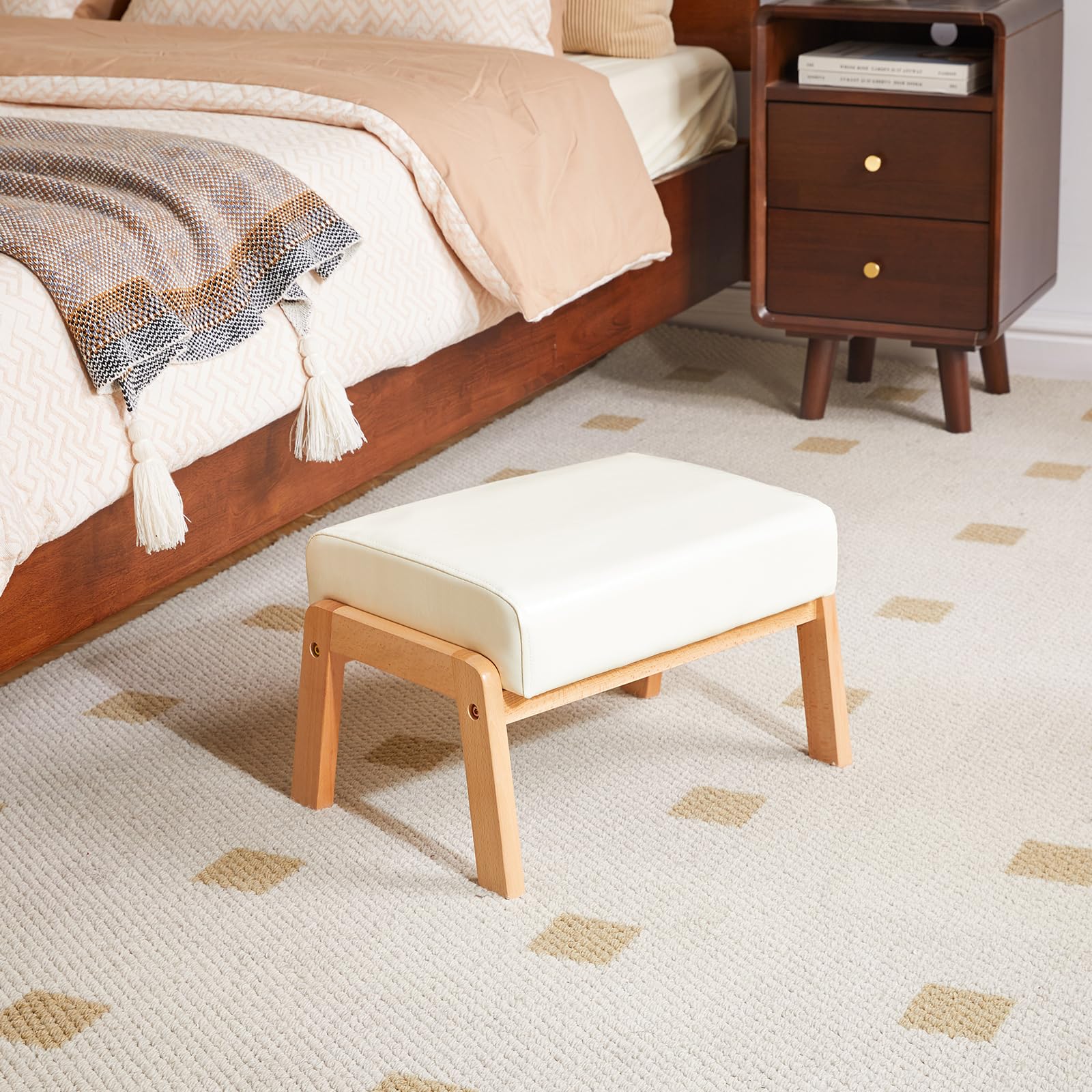 IBUYKE 10.2”H Pequeño Reposapiés Otomana, Rectángulo PU Cuero Reposapiés Taburete con Asiento Acolchado y Patas de Madera, Beige WBD013W
