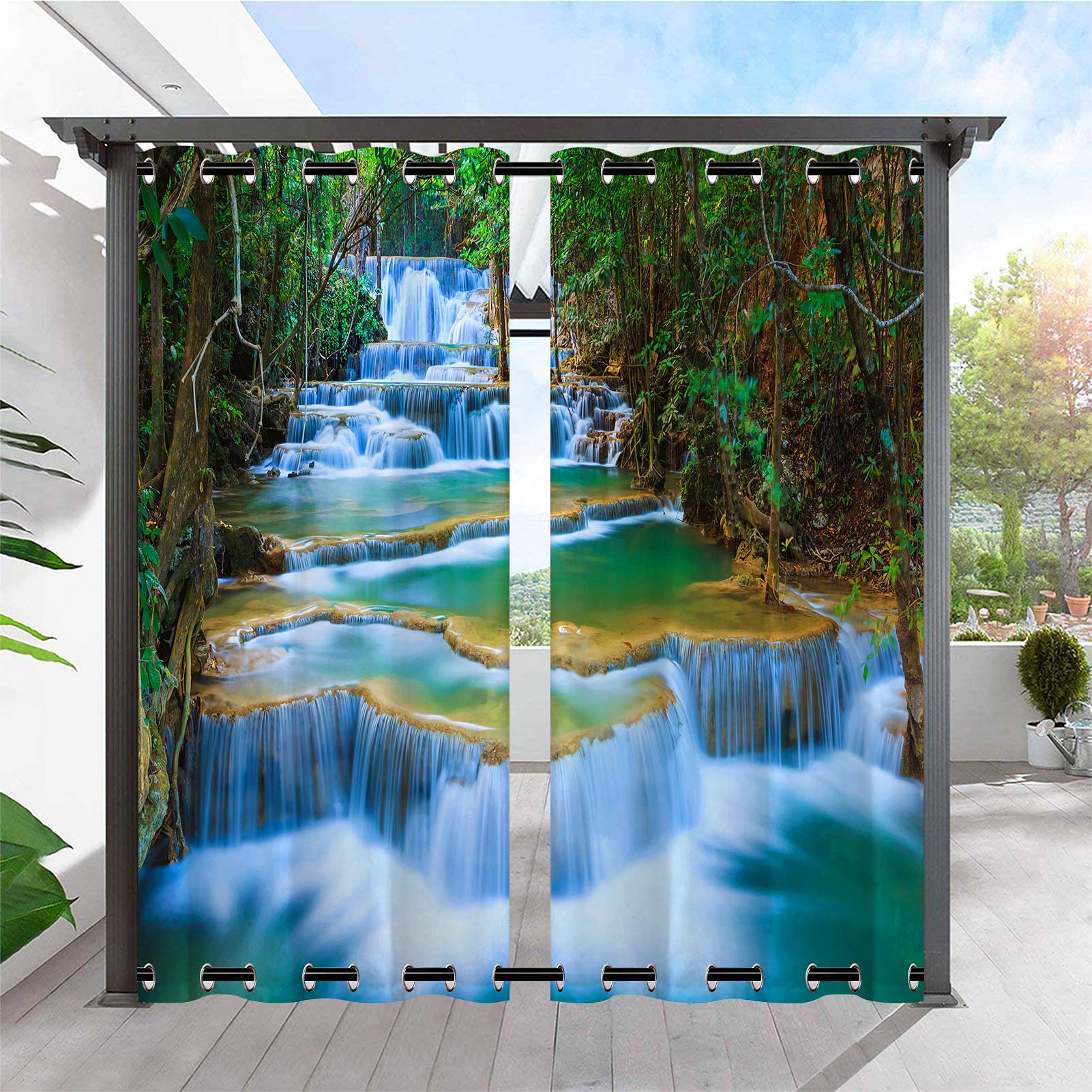 ANHOPE Custom Outdoor Curtains Customized Size Outside Curtains Nature Landscape Waterfall Creek Print Pattern Personalized Waterproof Privacy Drapes for Patio Pergola Gazebo 2 Panels