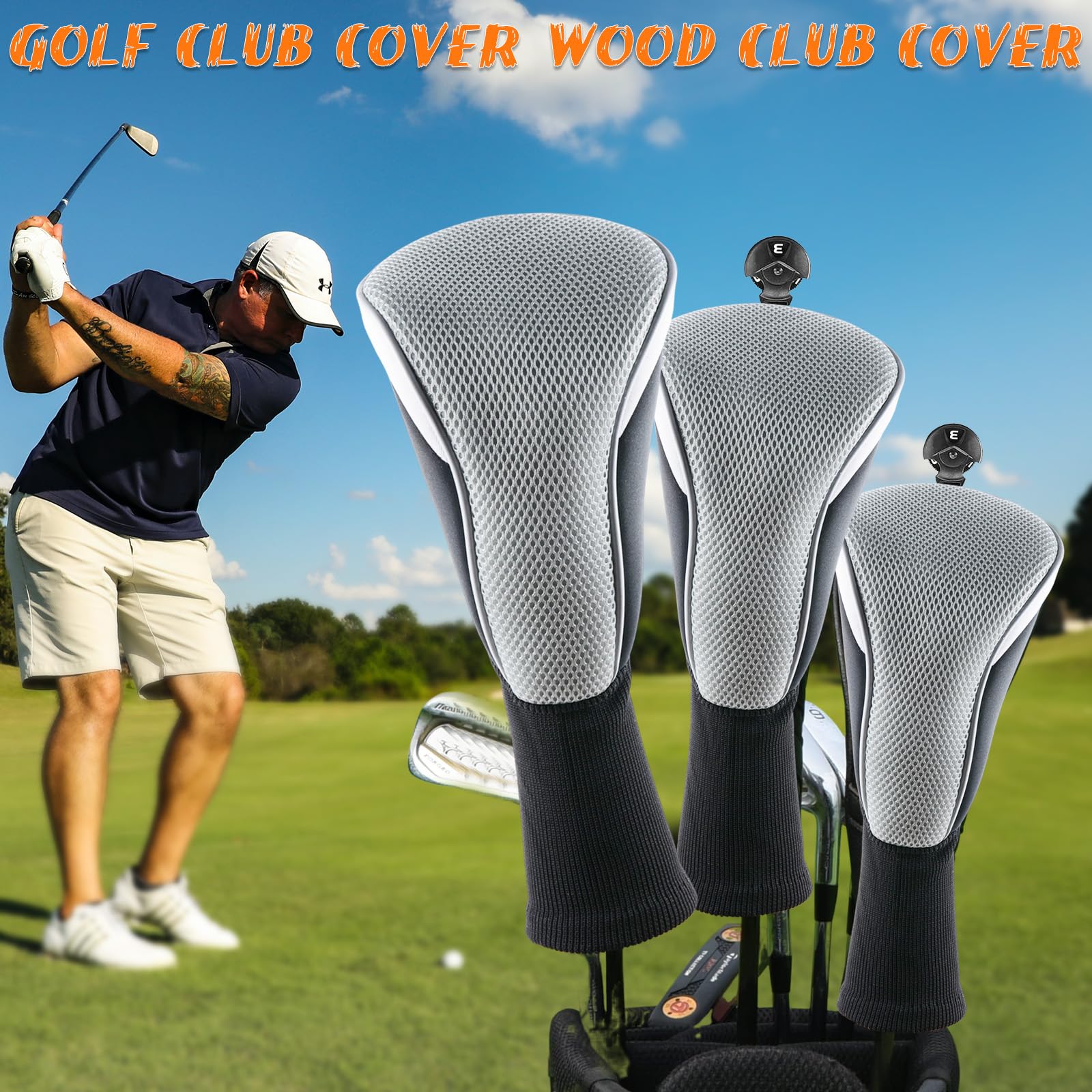 Housses de club de golf pour bois - Longue couverture hybride - Avec étiquette interchangeable - Nouveauté - Durable - Ajustement parfait - Gris
