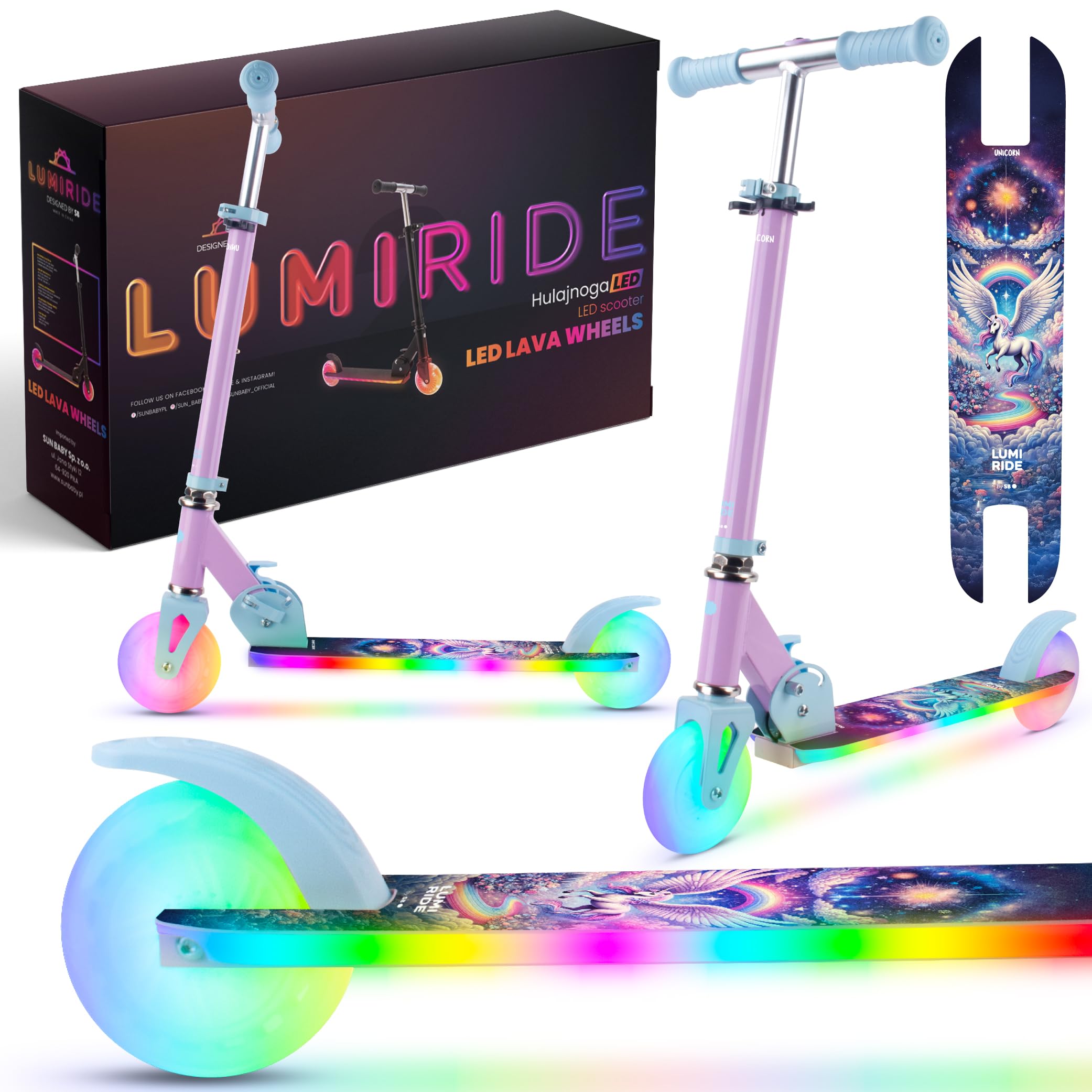 LUMI Ride Children's Scooter Two Wheels from 3 Years, LED – 7 Colours, 20 Programs – 3 Levels of Handlebar Adjustment, Foot Brake, Detachable Handles