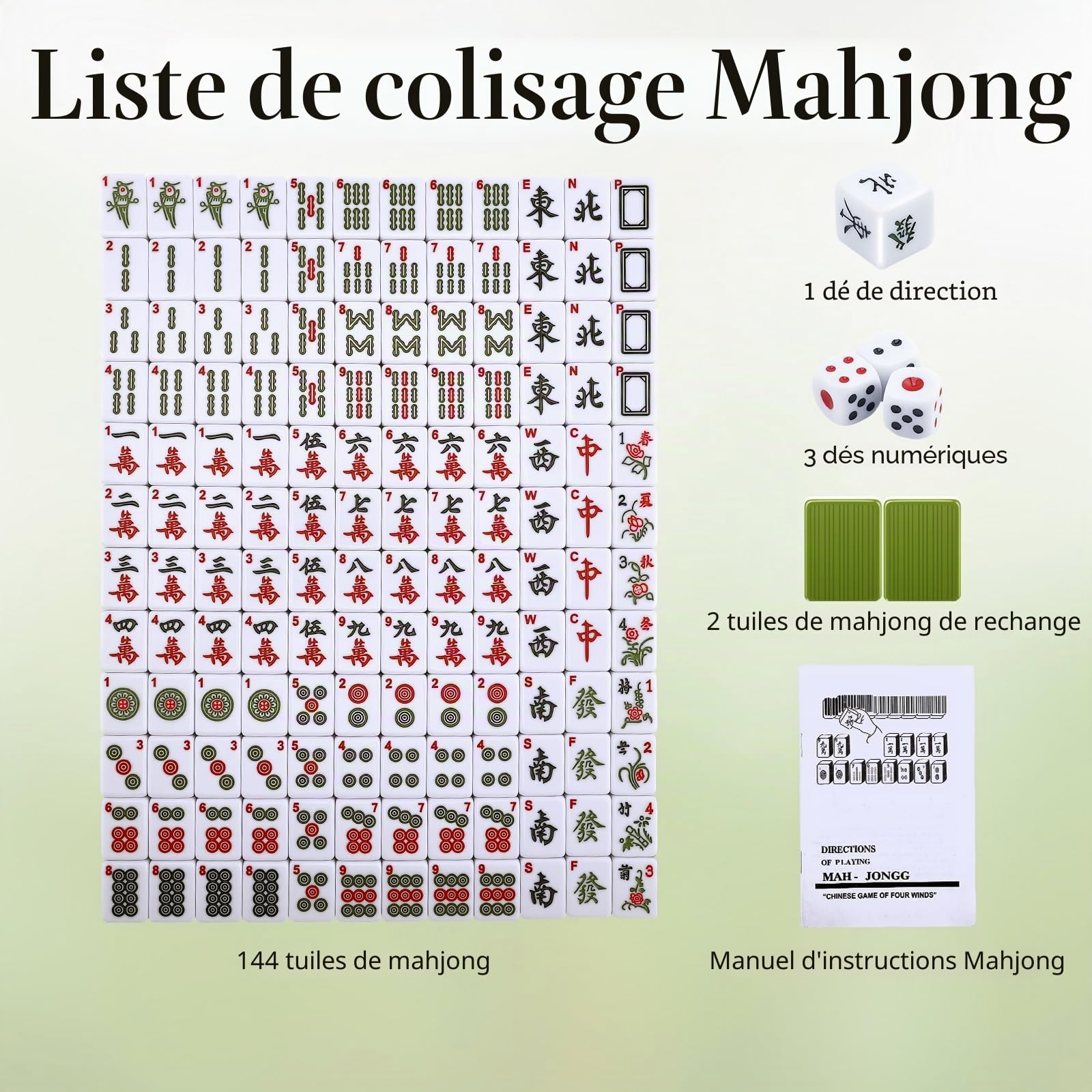 Lot de Pierres Mahjong de 30 mm avec 146 tuiles et 2 dés, Vert majong Chinois Classique, avec Emballage Cadeau Exquis