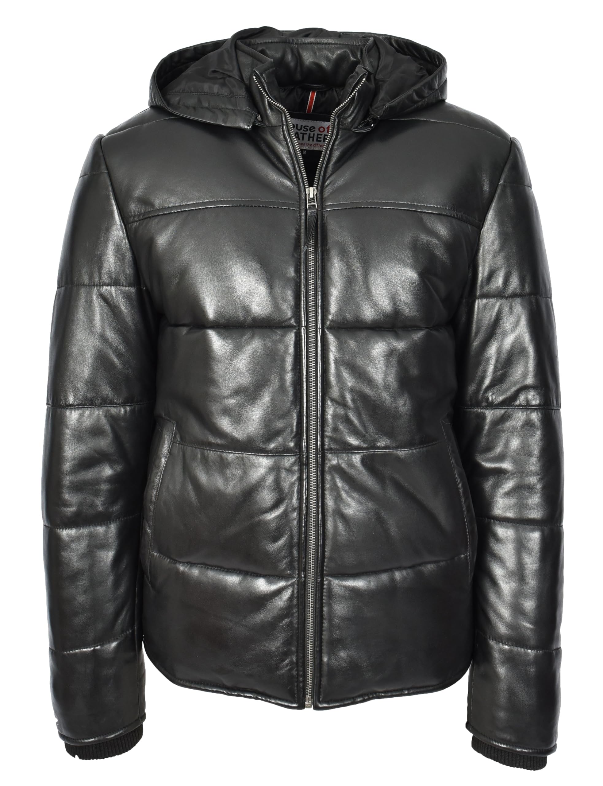 Men's Black Leather Puffer Jacket With Detachable Hood Quilted Padded Outerwear Rory (UK, Alpha, M, Regular, Regular, Black)