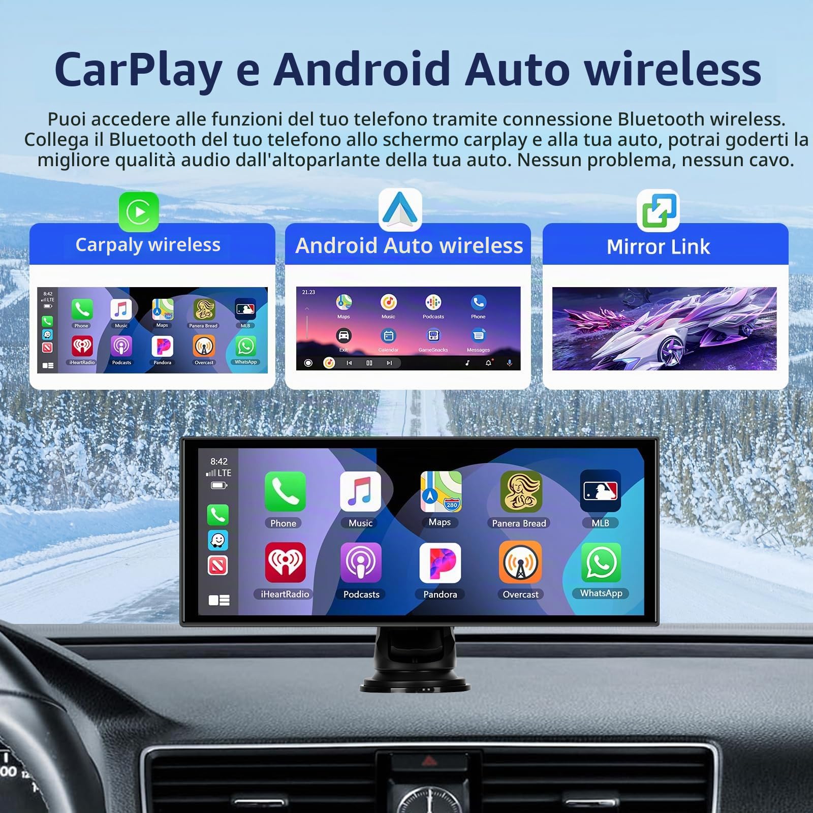2GB+32GB Carplay Auto Android Wireless, 10,25 Pollici Car Play Schermo per auto, con Bluetooth, GPS Navigazione, Mirror Link, Controllo Vocale, AUX, Trasmettitore FM, Y0uTube/Sp0tify, 7-32V