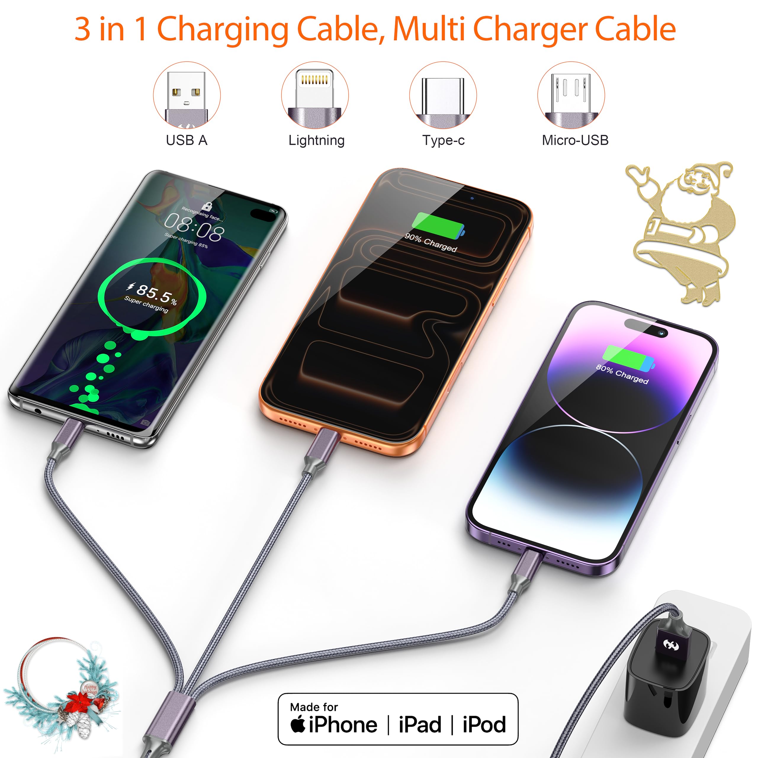 Cable de carga múltiple (4 pies, 2 unidades), cable de carga USB 3 en 1 para múltiples dispositivos, cable de carga universal trenzado para teléfono con tipo C/USB C, micro USB, puerto IP para iPhone